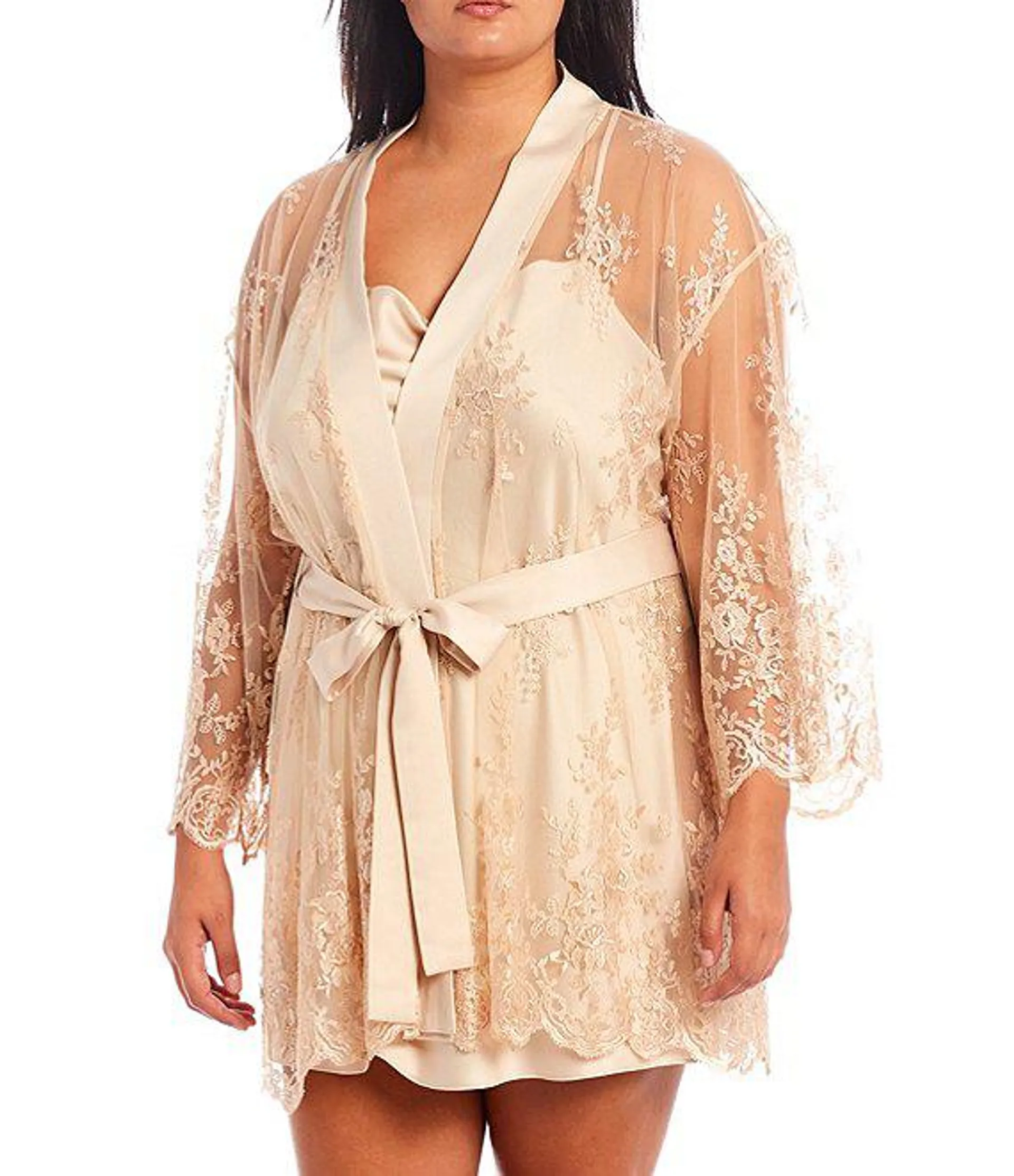 Plus Size Lace Short Wrap Banded Collar 3/4 Sleeve Robe