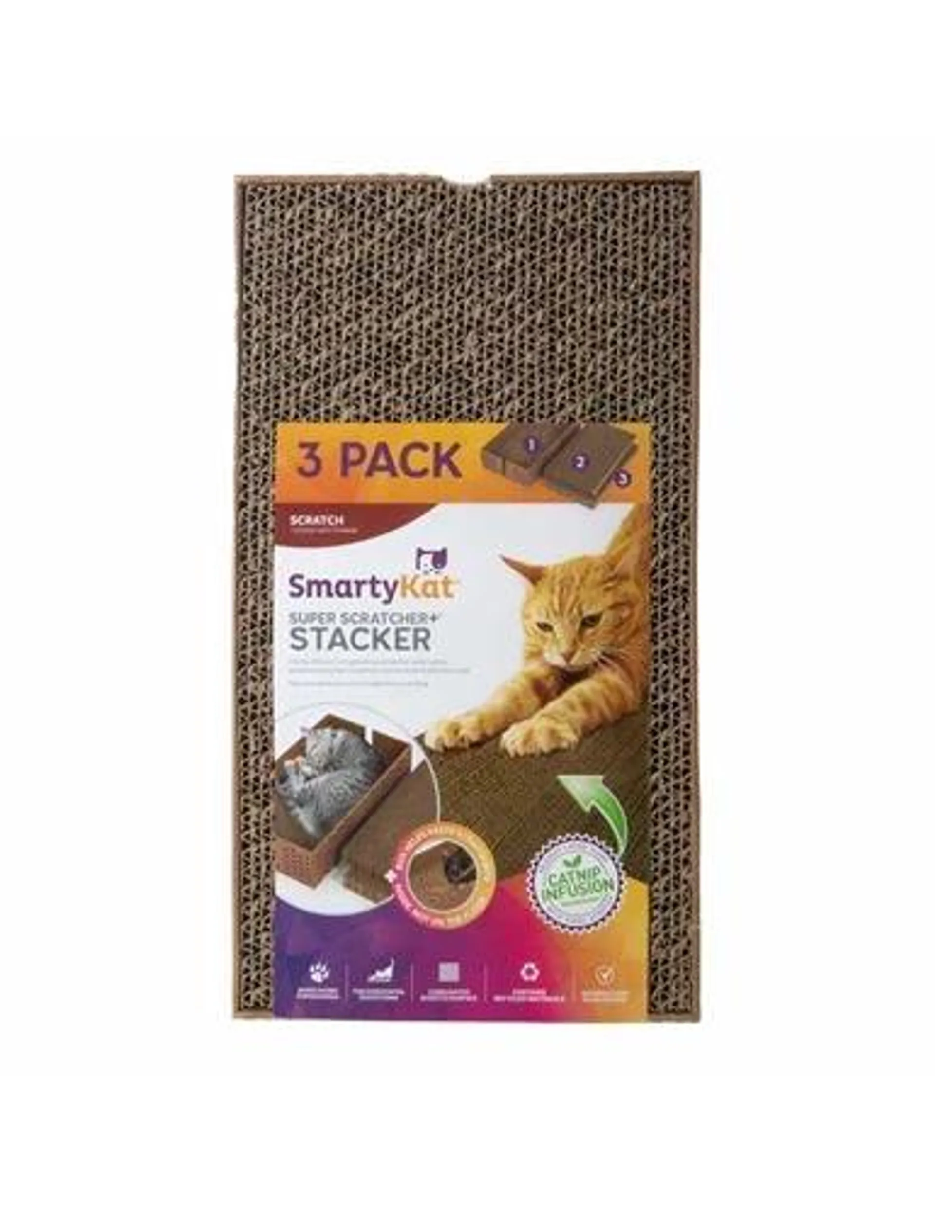 SmartyKat Super Scratcher+ Stacker Corrugate Cat Scratcher & Lounge with Catnip Infusion Technology, 3 Count Reversible Scratch Pads