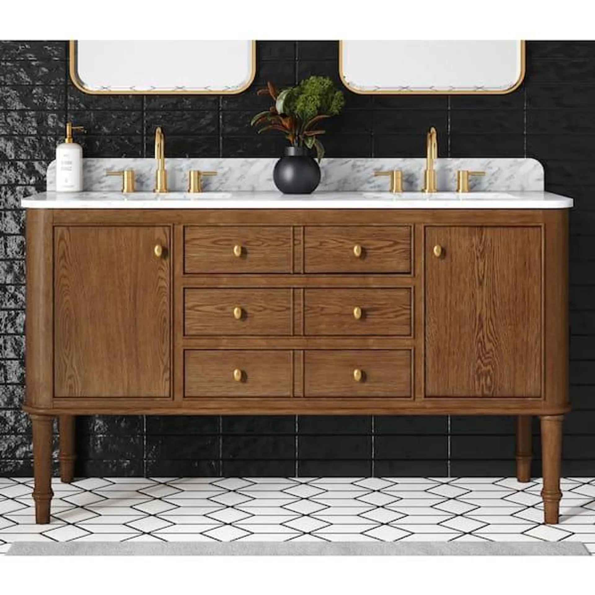 Collette 60 in. Double Sink Cinnamon Oak Bath Vanity with White Carrara Marble Top (Assembled)