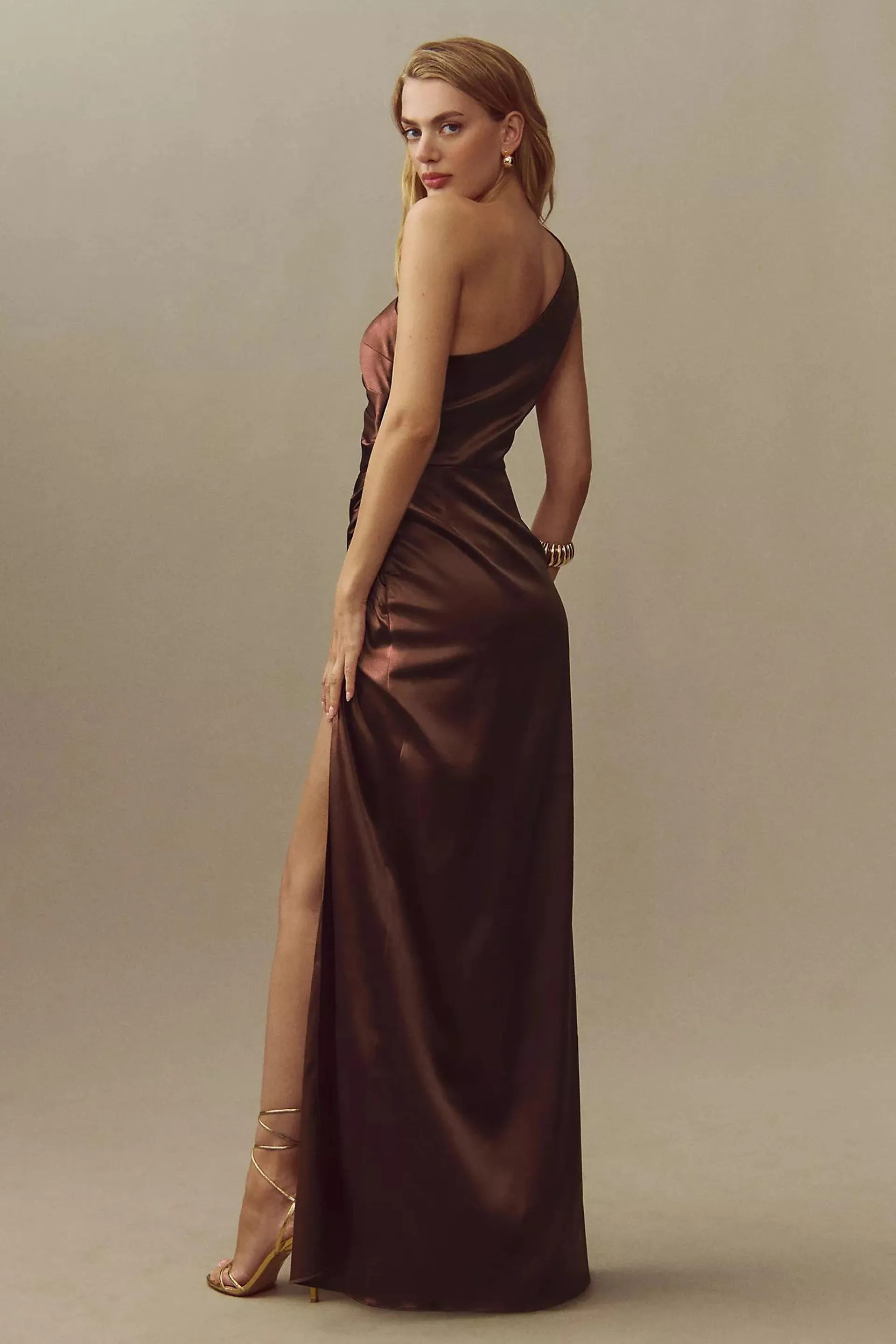 BHLDN Scottie One-Shoulder Side-Slit Stretch Satin Maxi Dress