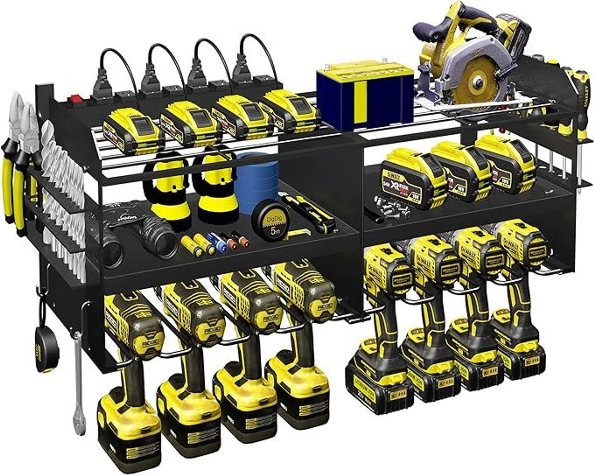 Power Tool Organizer with Charging Station,3 Layer Holders Heavy Duty Metal Power Tool Storage Rack with 8 Drill Holders, Garage Tool Organizer and Storage with 8 Outlet Power Strip