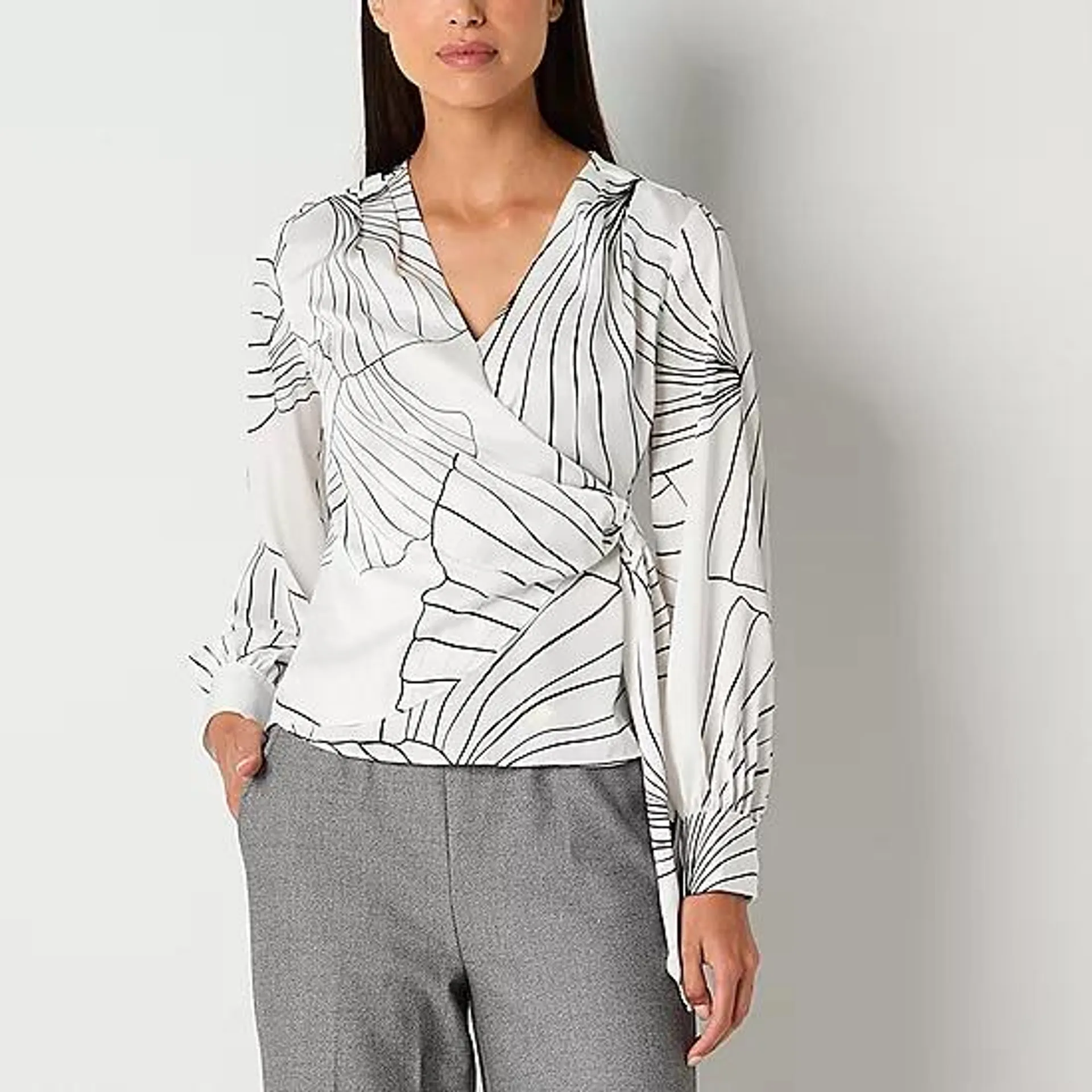 new! Worthington Womens V Neck Long Sleeve Wrap Shirt