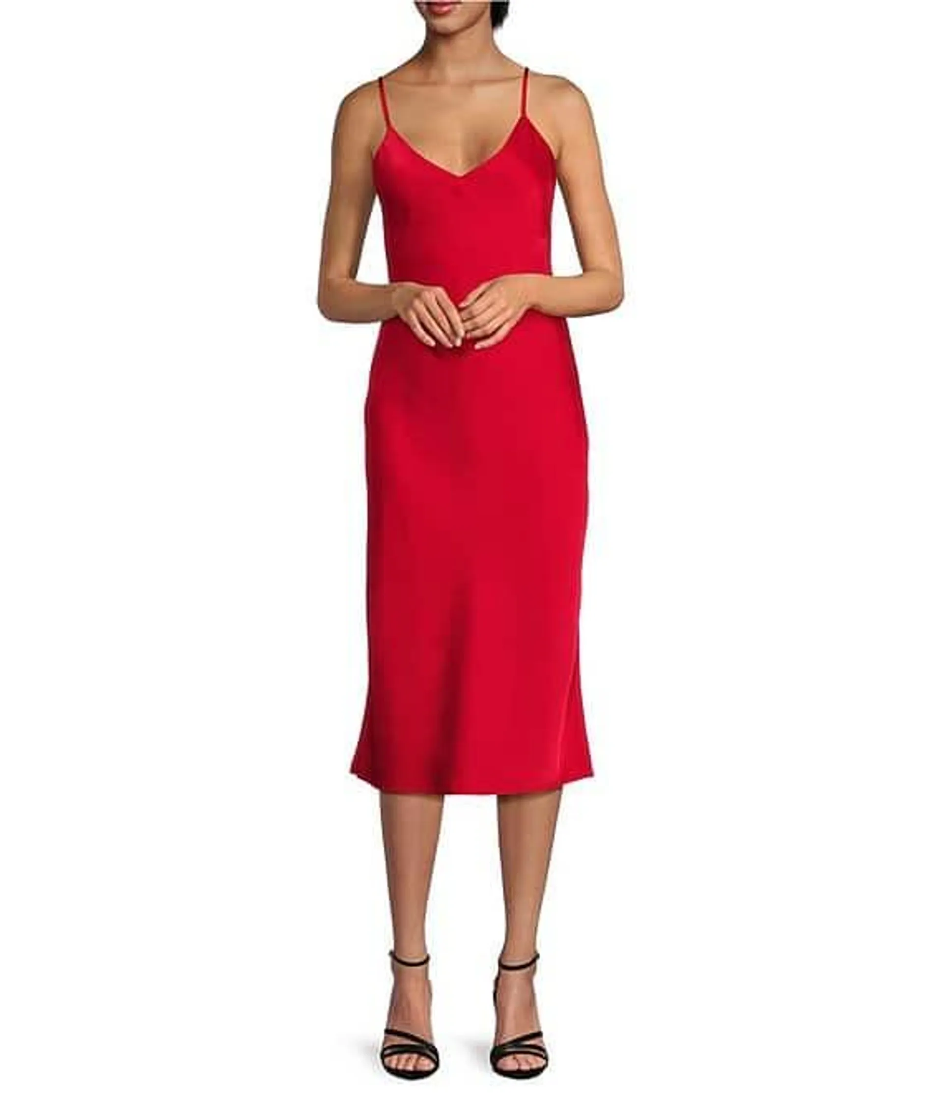 Harper Satin V-Neck Sleeveless Slip Midi Dress