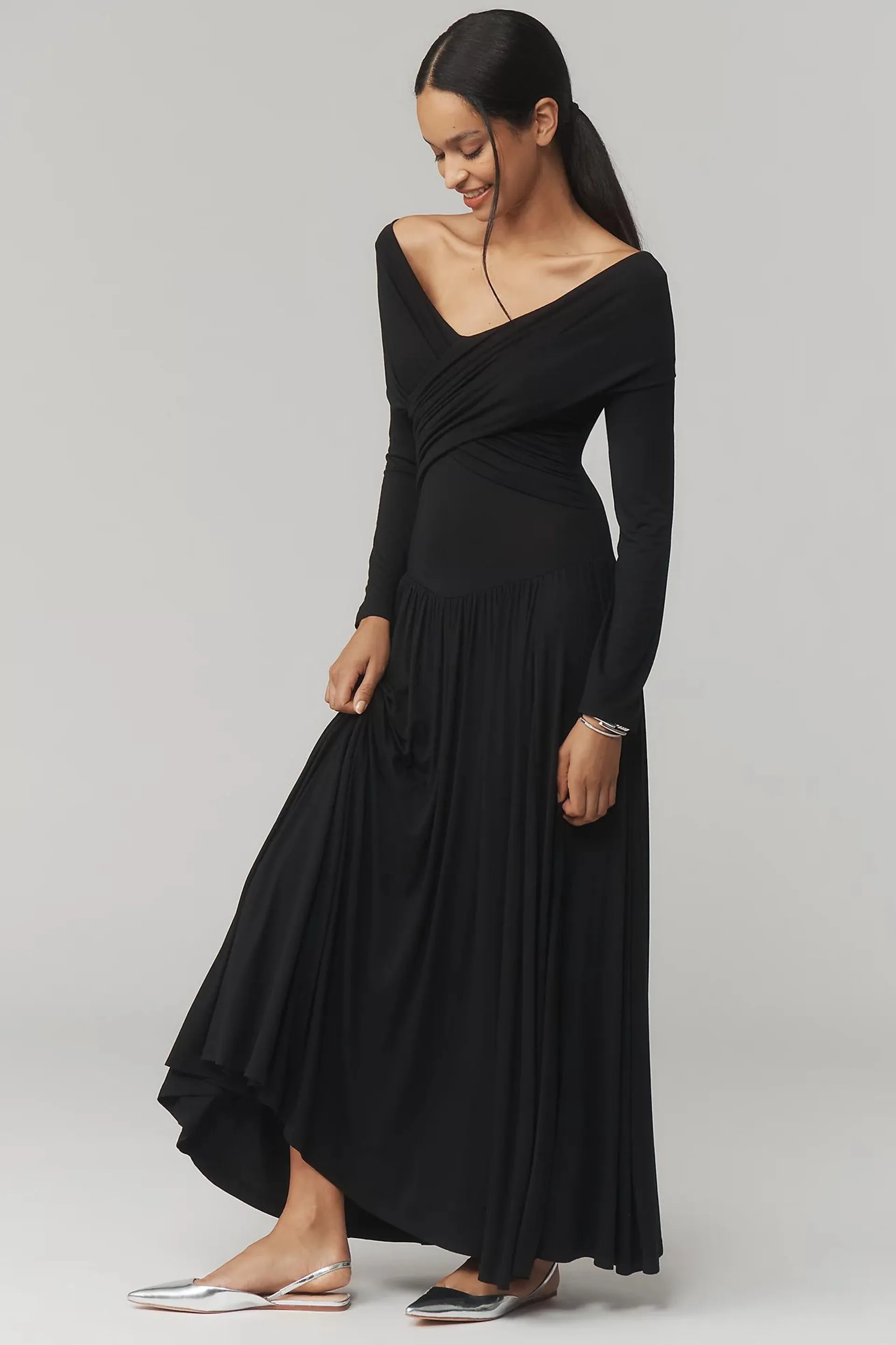 By Anthropologie Long-Sleeve Off-The-Shoulder Knit Maxi Dress