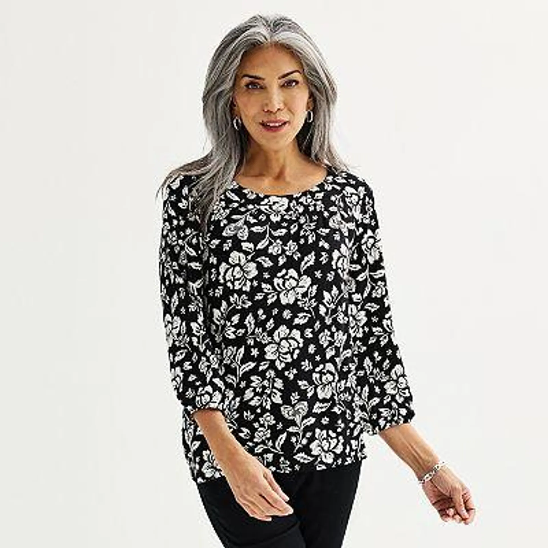 Women's Croft & Barrow® Printed 3/4-Sleeve Pleated Round Neck Top