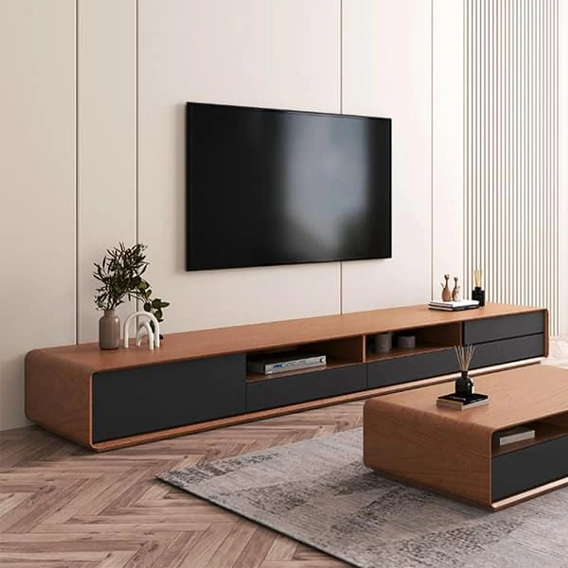 Modern Wood TV Stand, Lowline Media Console with 4 Drawers, Open Storage Cabinet, Walnut Veneer, Fully-assembled