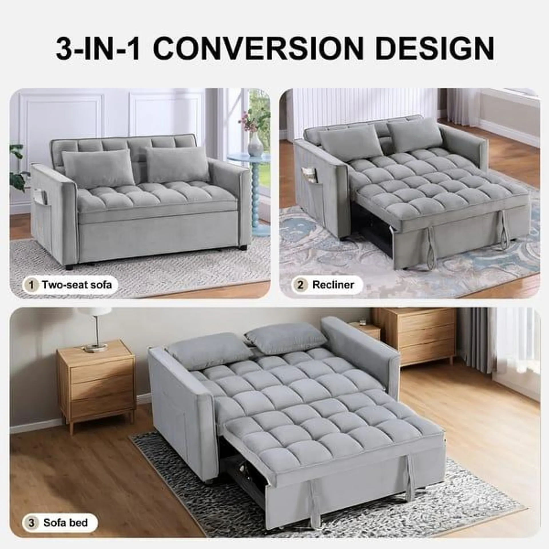 Modern 68" Length Tufted Convertible Loveseat Sleeper Sofa Bed - 68"L x 55"W x 20"H