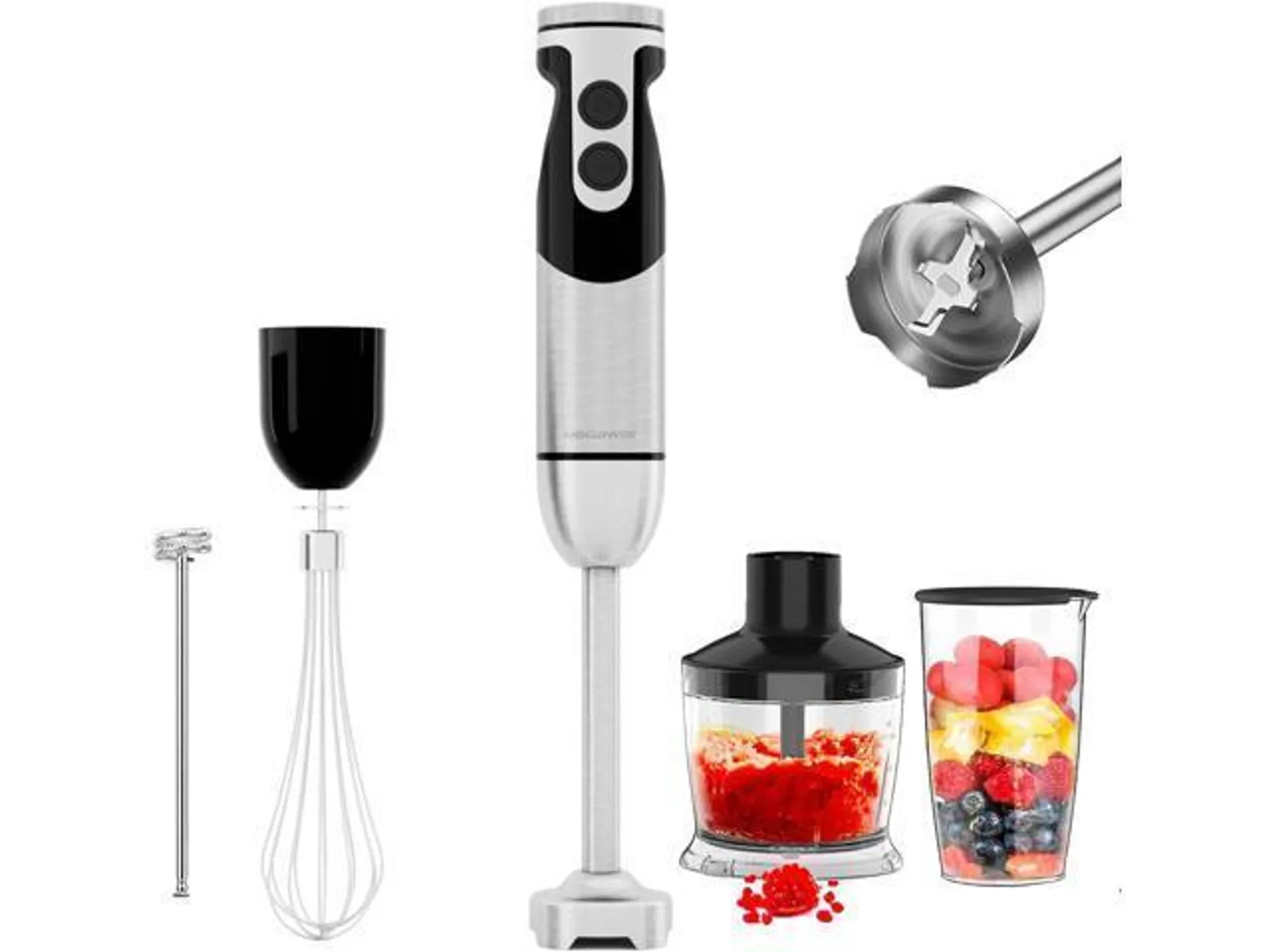 MegaWise Pro Titanium Reinforced 5-in-1 Immersion Hand Blender, Powerful 400W with 80% Sharper Blades, 12-Speed Corded Blender, Including 500ml Chopper, 600ml Beaker, Whisk and Milk Frother (Black)