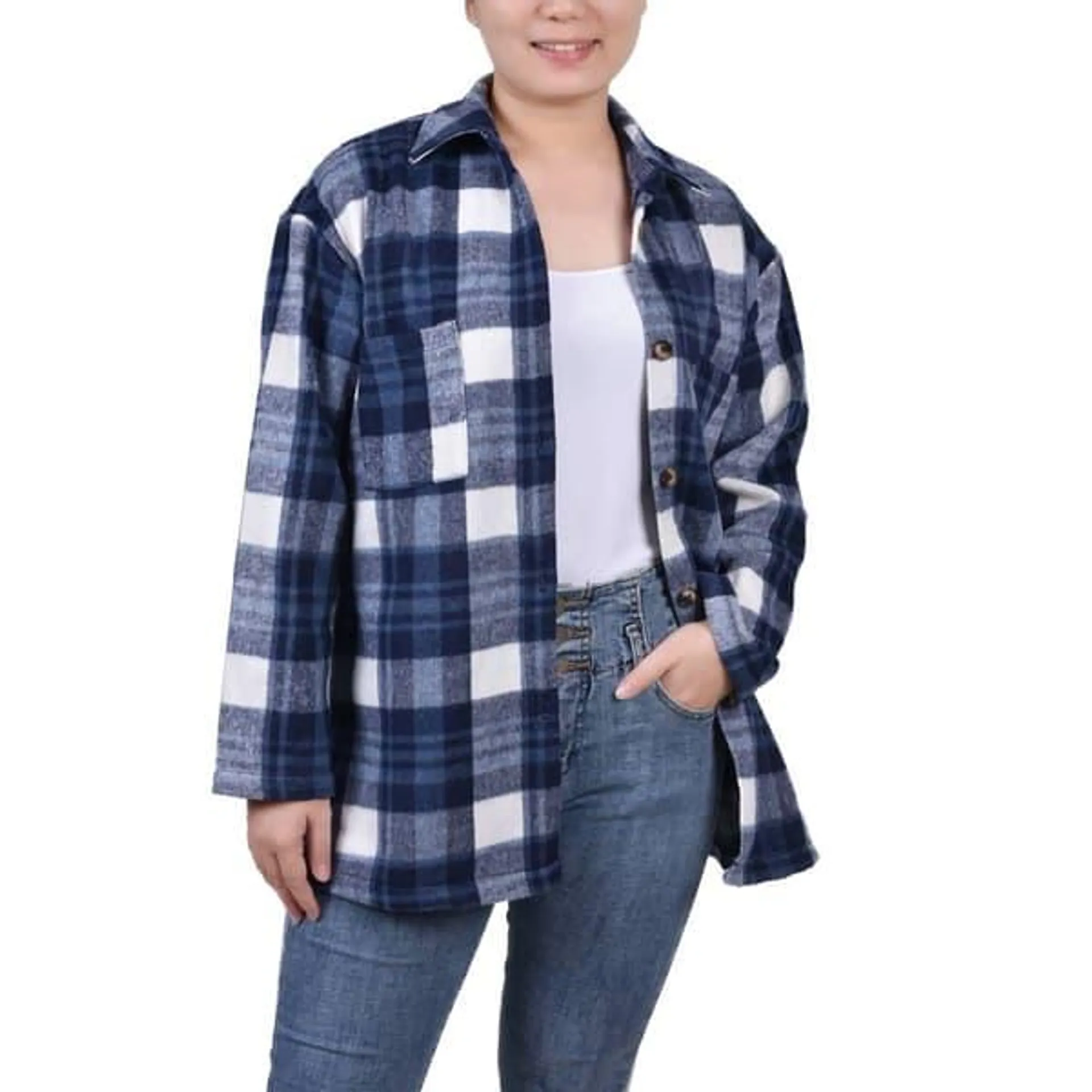 Plus Size NY Collection Long Sleeve Twill Plaid Shacket - Navy