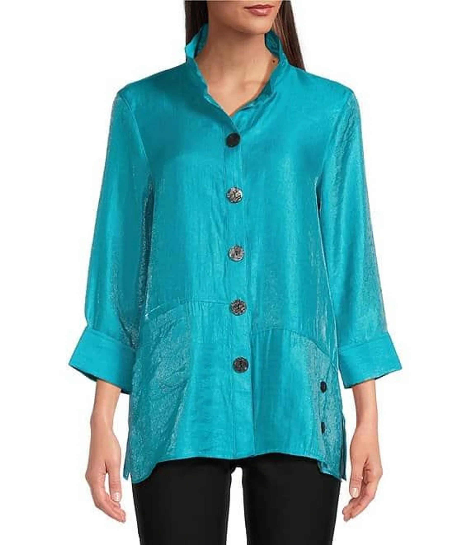 Woven Shimmer Stand Ruffle Collar 3/4 Sleeves Button-Front Tunic