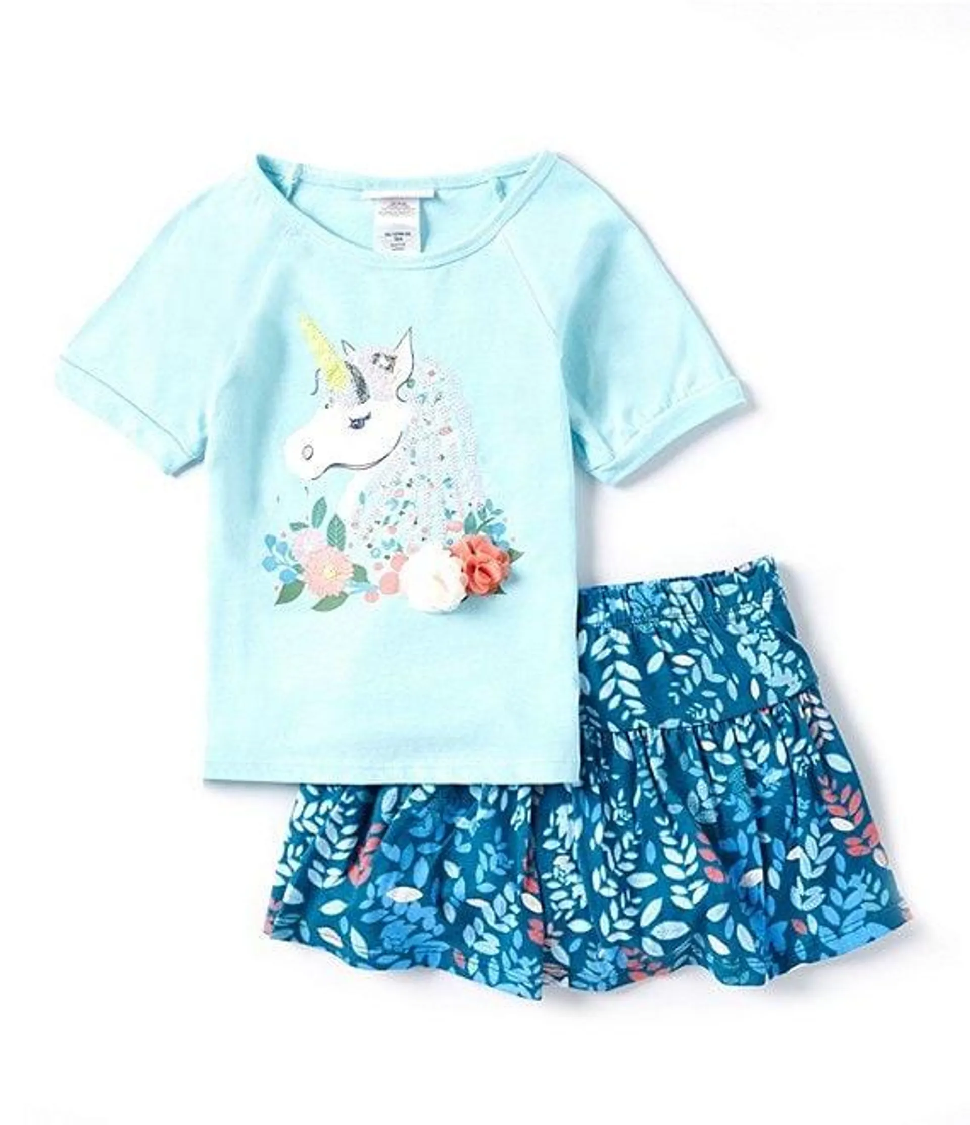 Little Girls 2T-6X Short Sleeve Unicorn Face Applique T-Shirt & Printed Skort Set