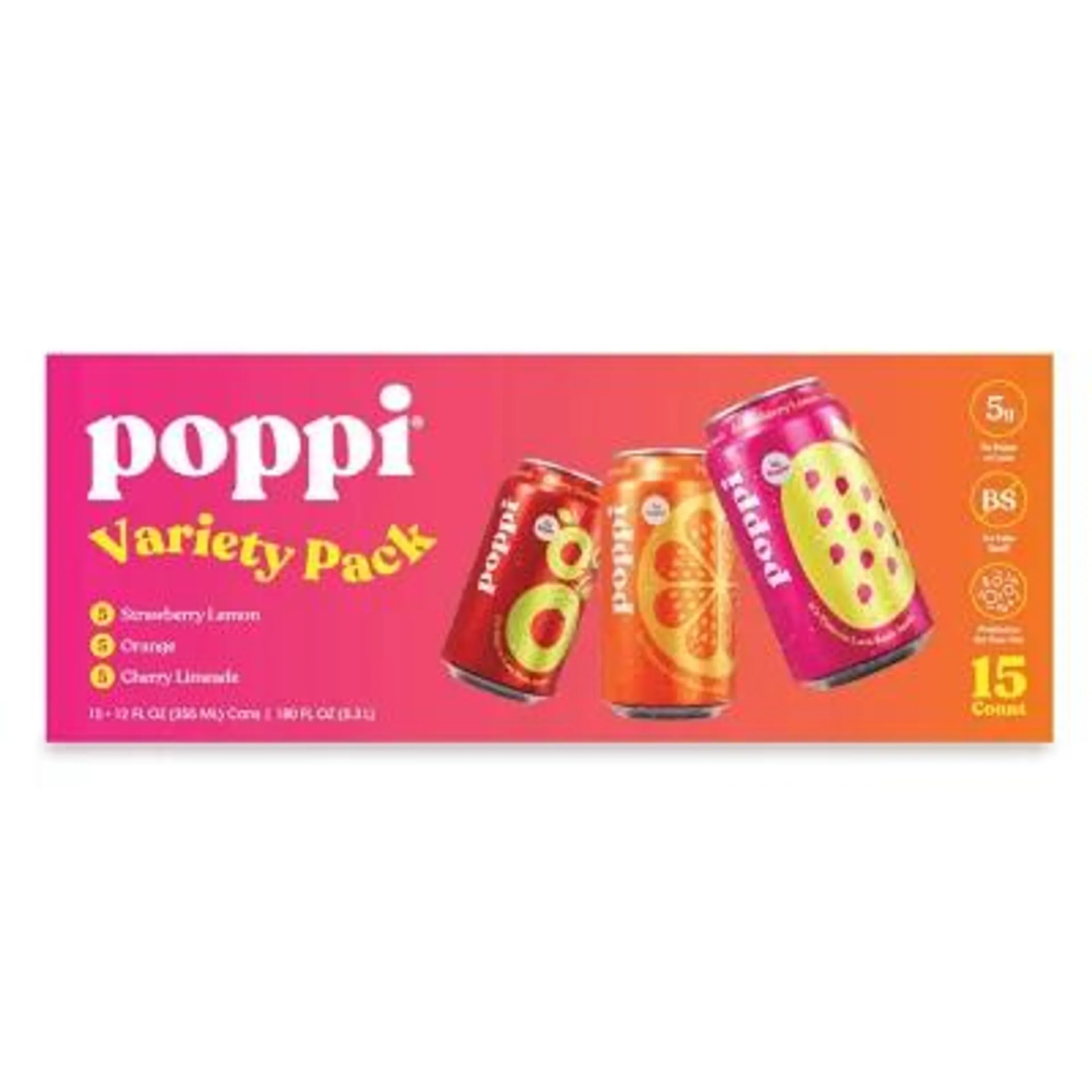 poppi Prebiotic Soda Fruit Variety Pack 15 pk., 12 fl. oz.