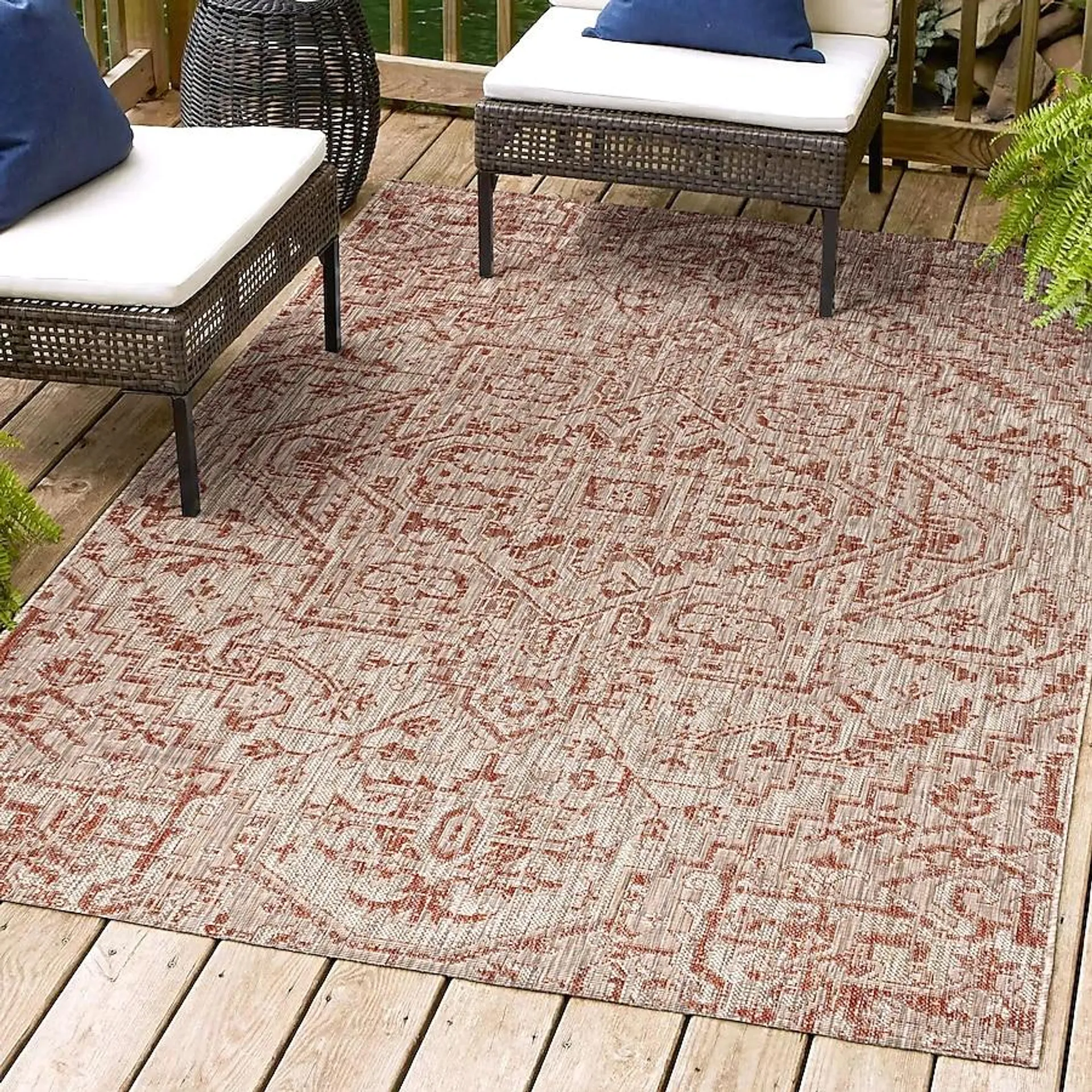 JONATHAN Y Santa Monica Estrella Textured Weave 8 X 10 (ft) Red/Taupe Indoor/Outdoor Border Coastal Area Rug