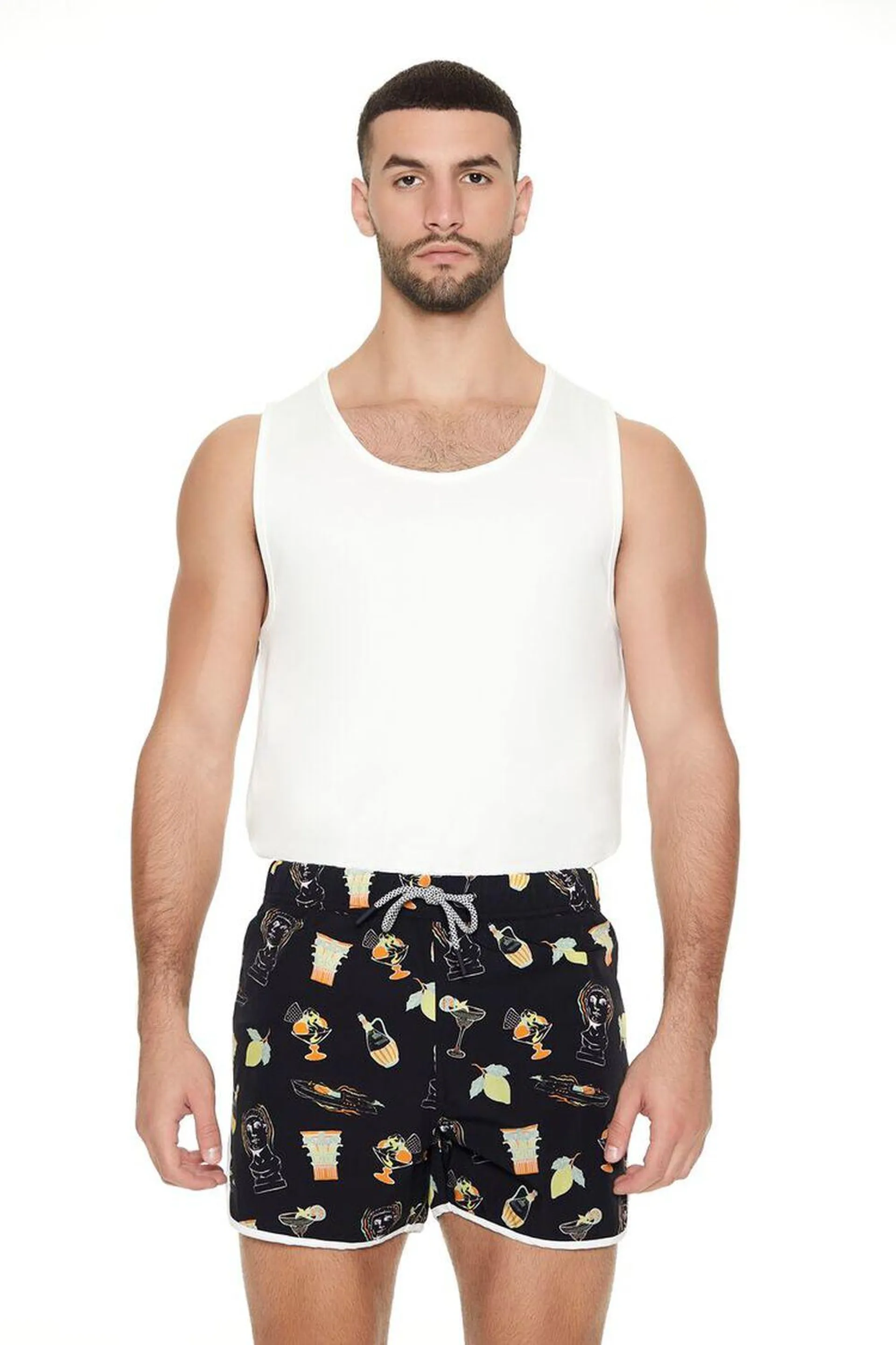 Short Inseam Drink Print Swim Trunks