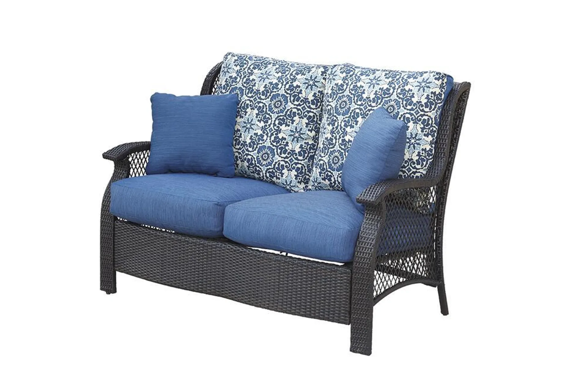 Backyard Creations® Allenwood Brown Wicker Deep Seating Patio Loveseat with Blue Cushions