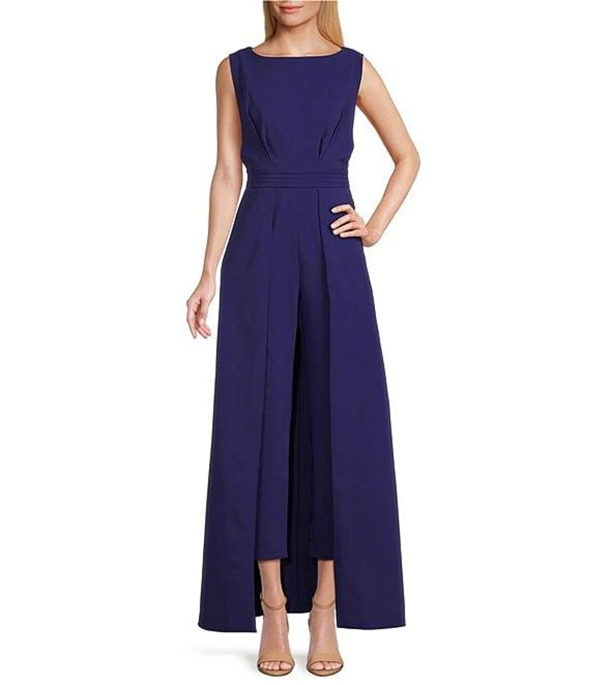 Stretch Crepe Boat Neckline Sleeveless Walk Through Jumpsuit