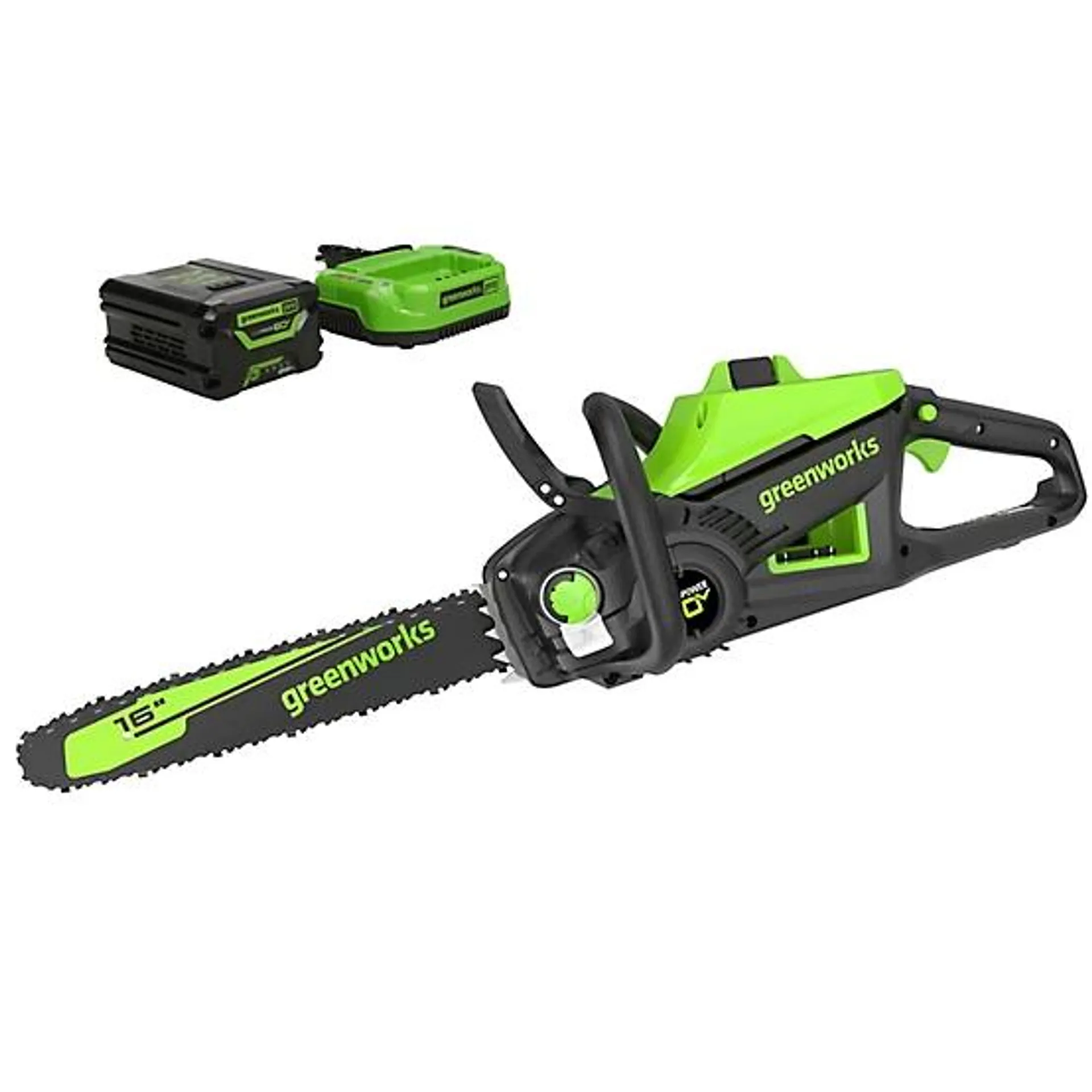 16 in. 60V Cordless Lithium Brushless Chainsaw, 42cc 2kW Gas Chainsaw Equivalent, 2.5 Ah Battery & Charger, 2019202