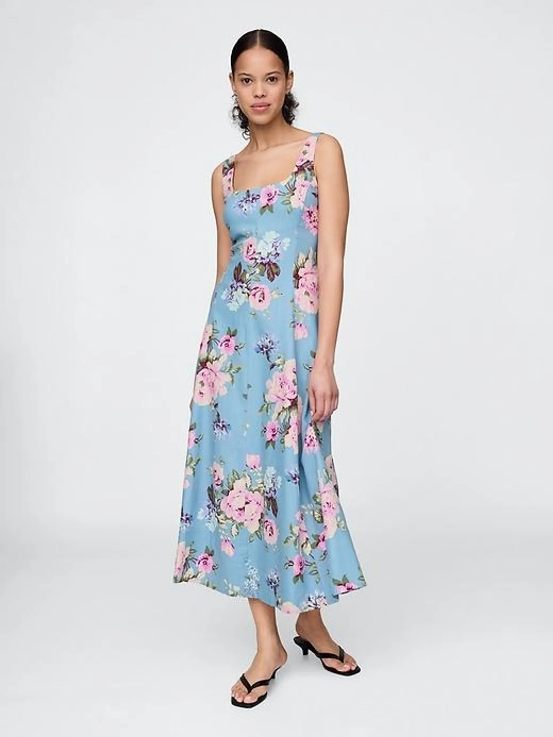 Linen-Blend Square-Neck Maxi Dress