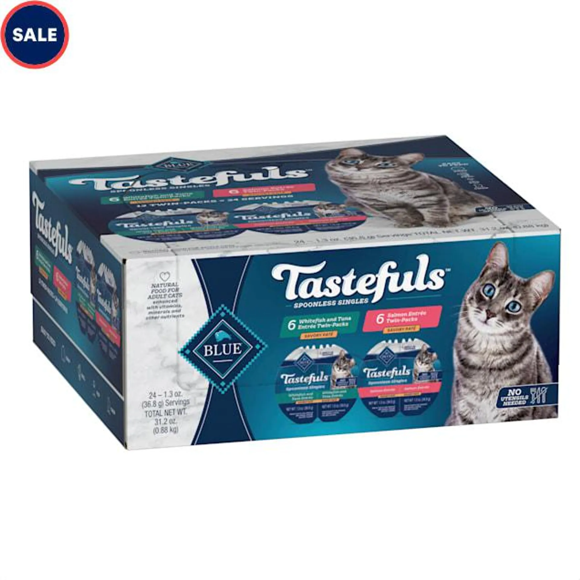 Blue Buffalo Blue Tastefuls Spoonless Singles Whitefish/Tuna/Salmon Adult Pate Wet Cat Food Variety Pack, 2.6 oz., Count of 12