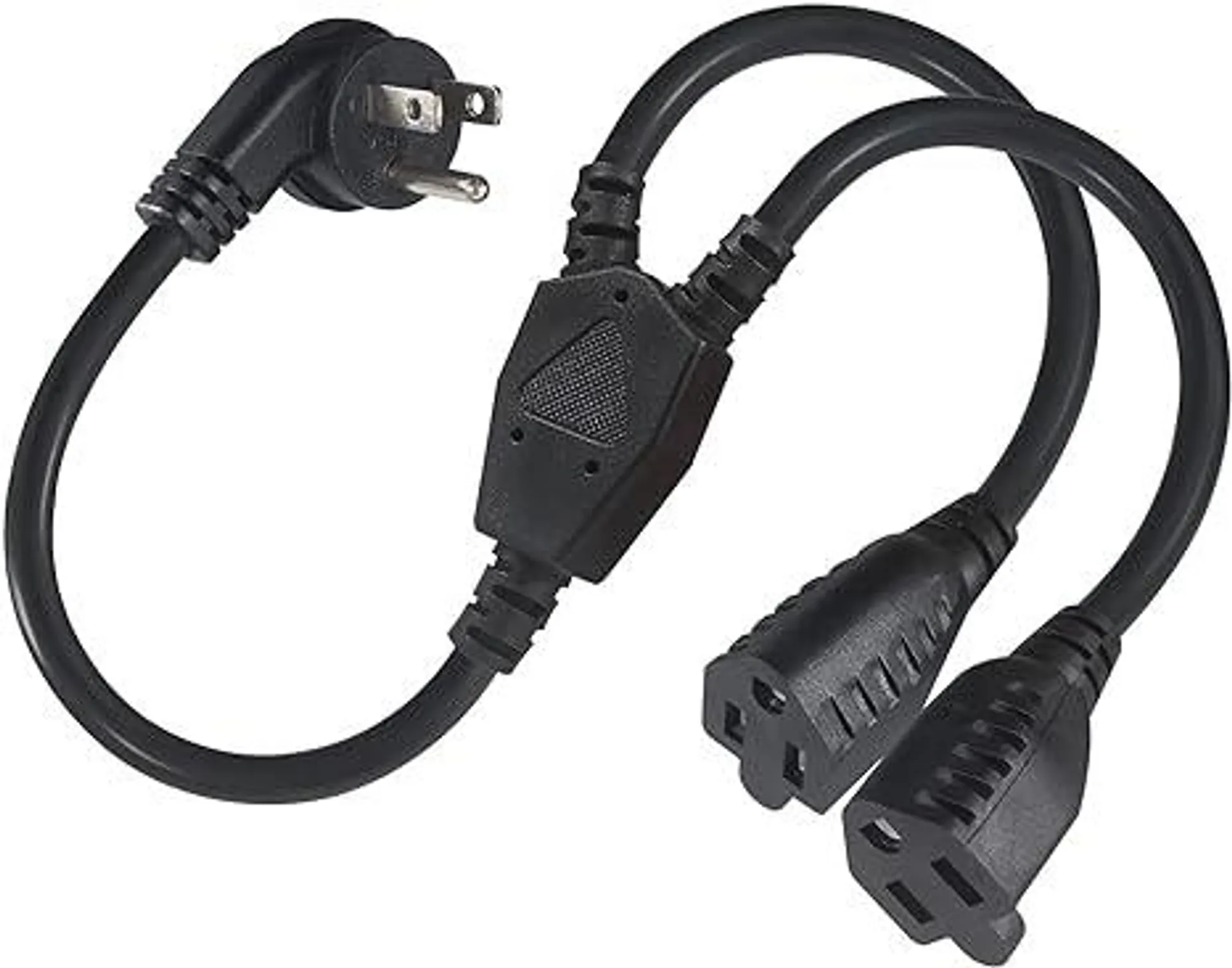 Power Extension Cord Y Splitter - 1FT Right Angled Type Flat Plug NEMA 5-15P 1 to 2 Way Outlet NEMA 5-15R SJT 16AWG 3 Prong Low Profile Black AC Power Cable Wire Extender for TV Computer Monitor