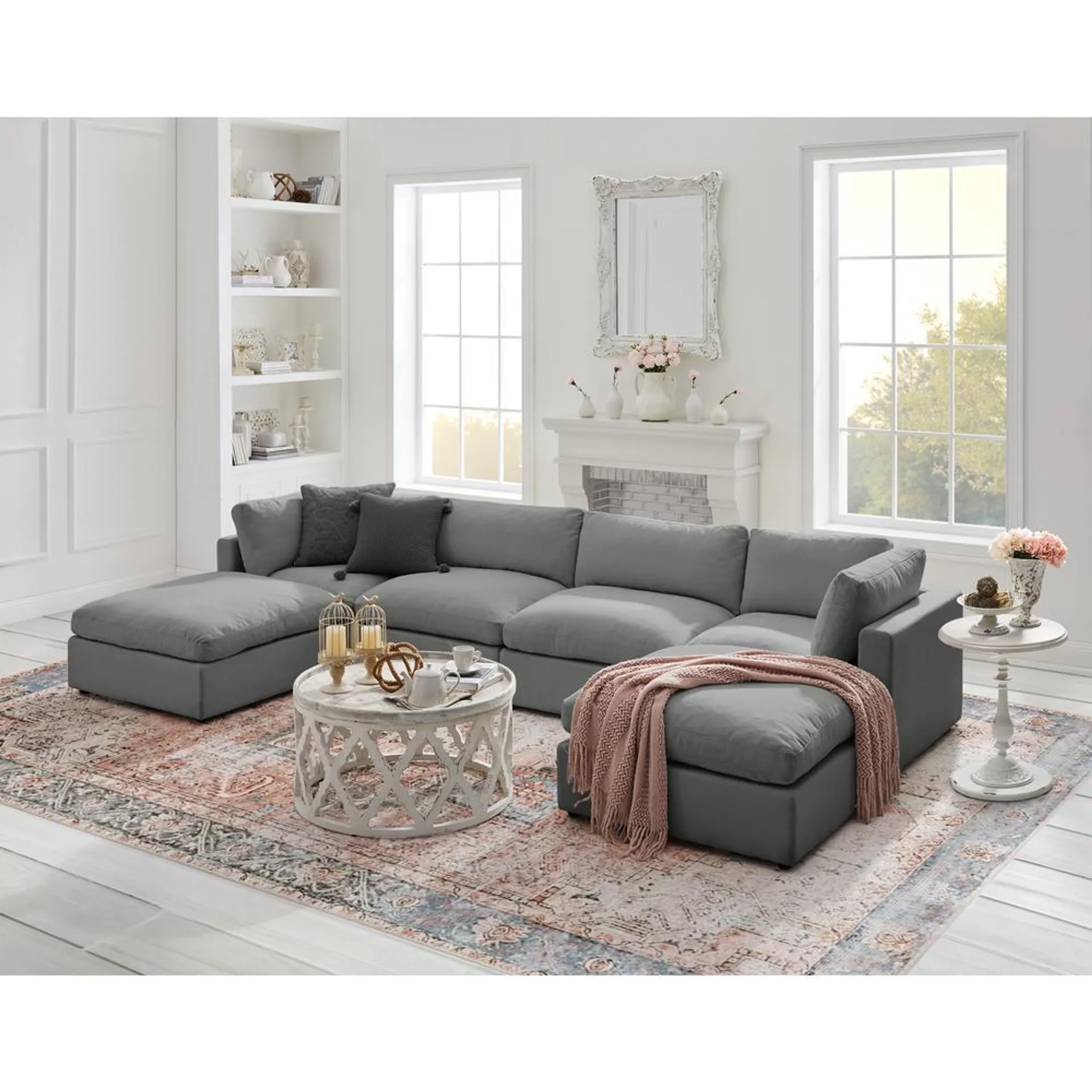 Rustic Manor Yaritza Sofas U-Chaise Sectional Upholstered 4 Seat Sofa and 2 Ottomans