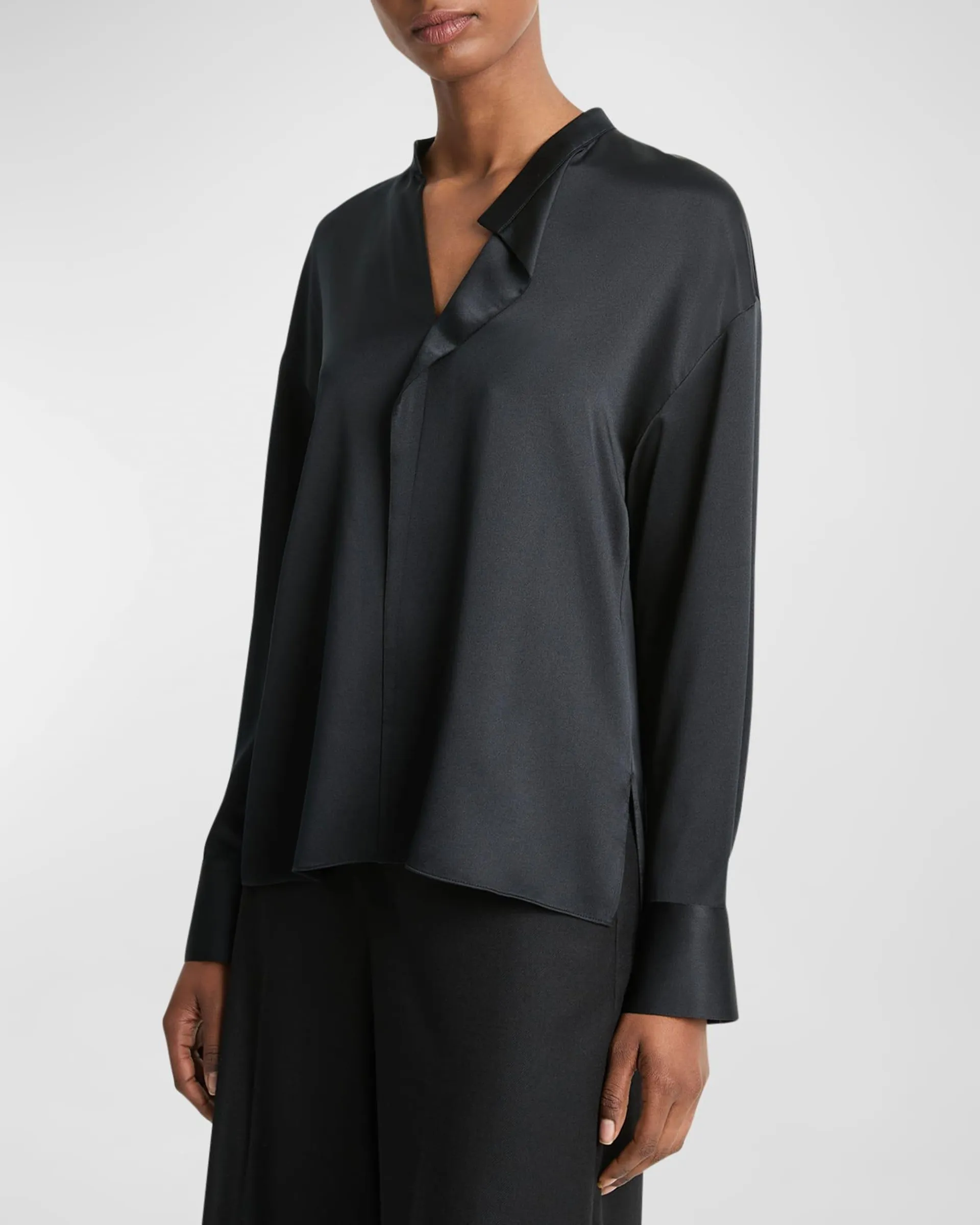 Draped Stand-Collar Long-Sleeve Silk Blouse