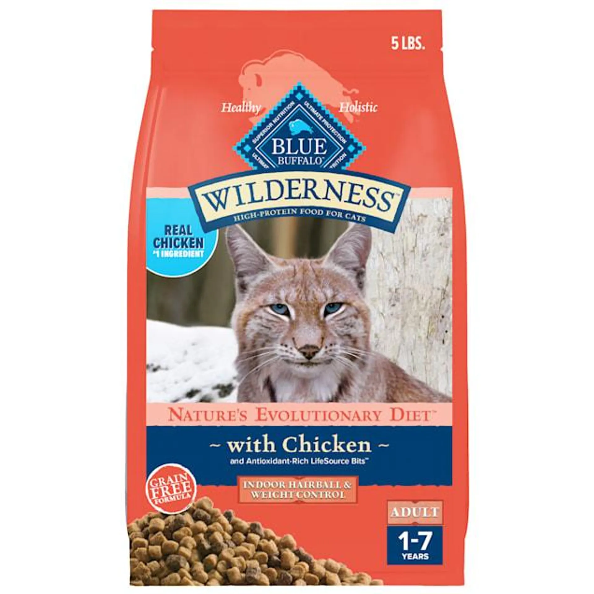 Blue Buffalo Wilderness High-Protein, Grain-Free Weight and Hairball Control Chicken Natural Dry Food for Adult Cats, 5 lbs.