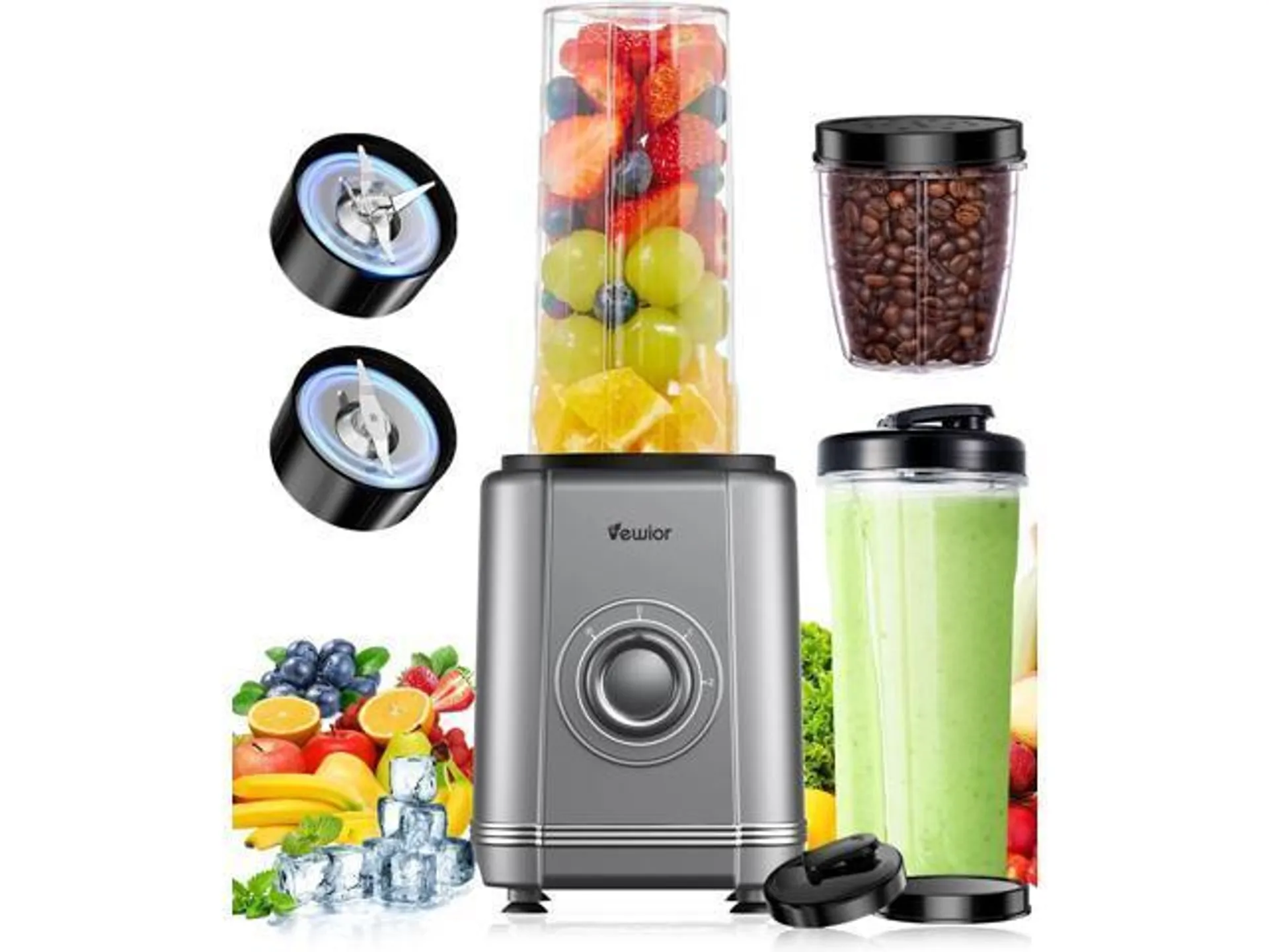 1200W Blender for Shakes and Smoothies,VEWIOR Small Blender with 6-Edge Blade, 17oz & 23oz BPA Free To-Go Cups, 3 Speed Control,Suitable for Kitchen, Ideal for Frozen Drinks, Sauces