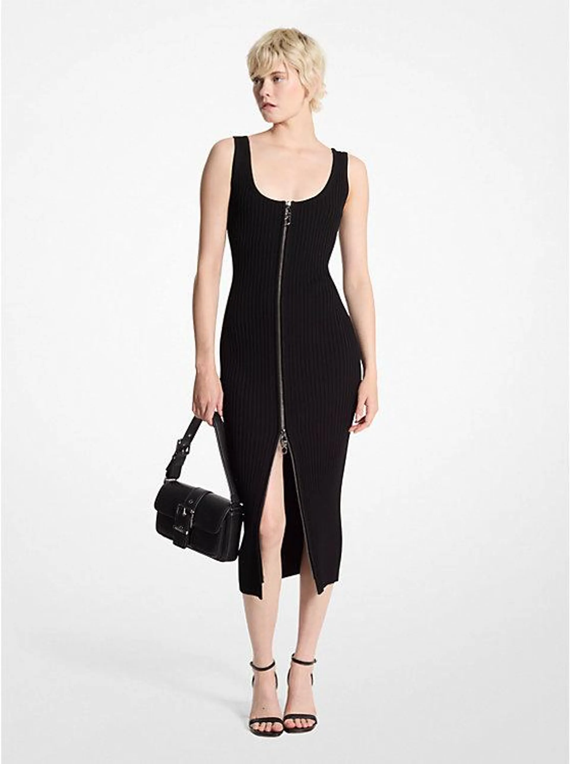 Ribbed Stretch Knit Zip Dress