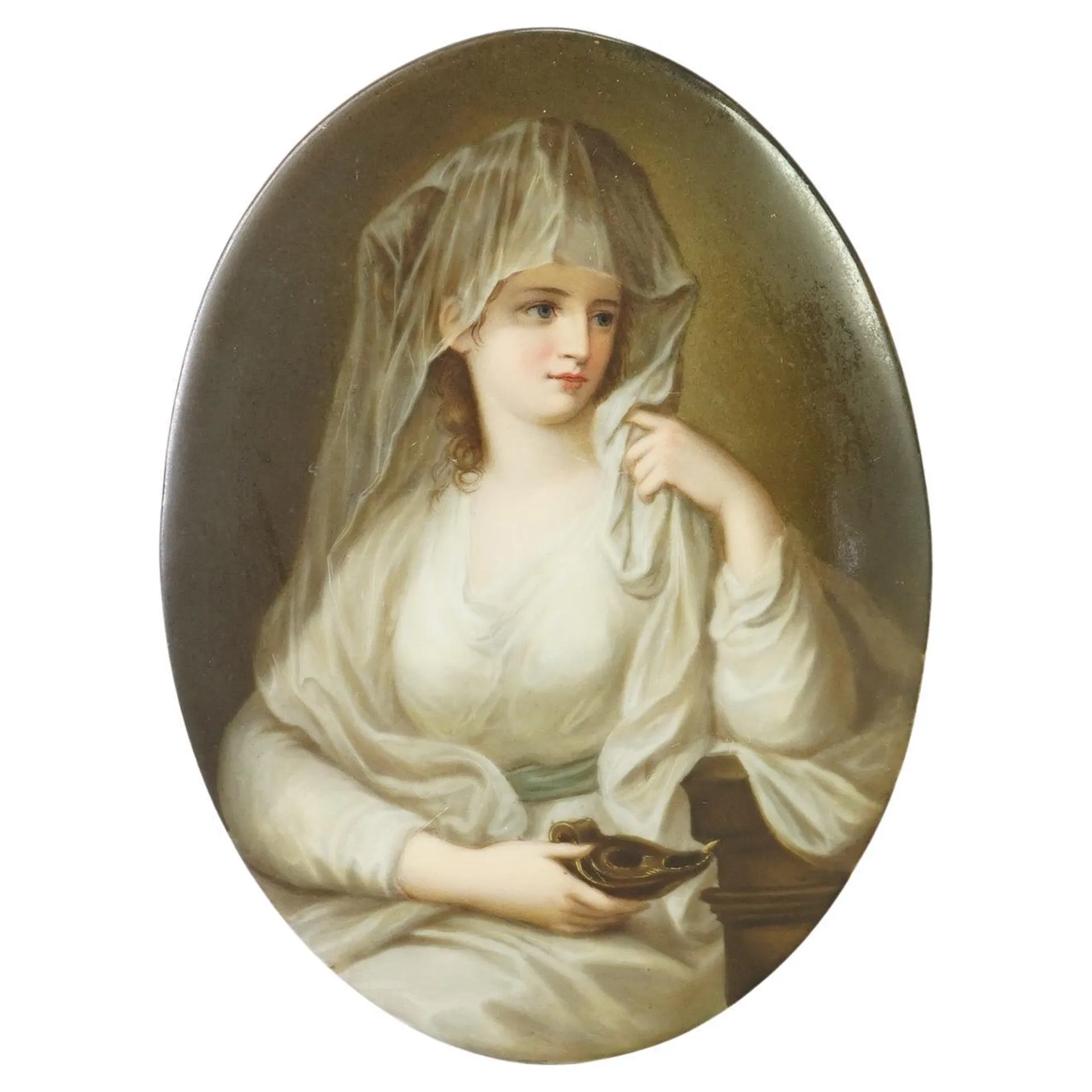 Antique German Porcelain Hand Painted Portrait Plaque Of Young Woman 19th C