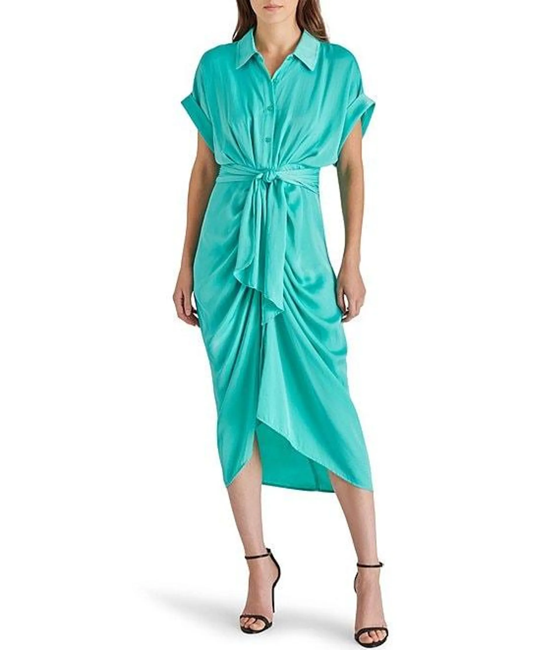 Tori Satin Point Collar Short Kimono Cuff Sleeve Belted Ruched Front Asymmetrical Hem Midi Shirt Dress