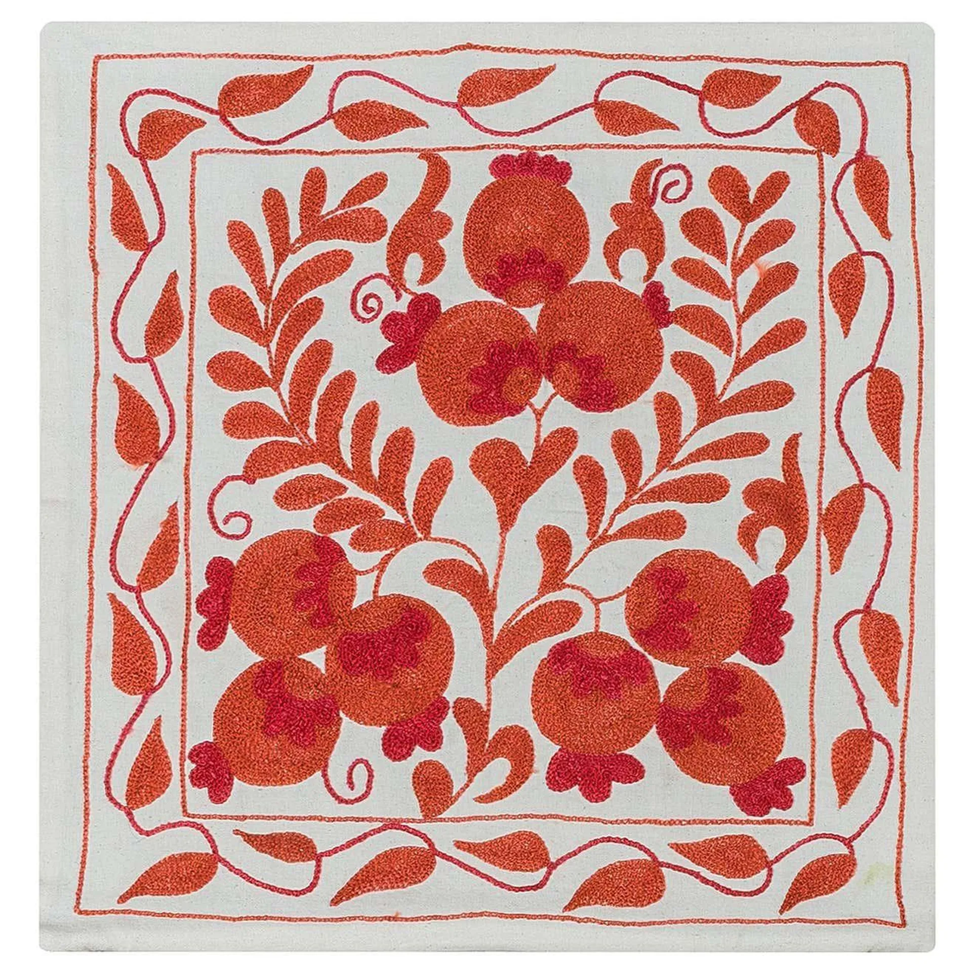 Pomegranate Tree Design Silk Embroidery Cushion Cover in Cream & Red
