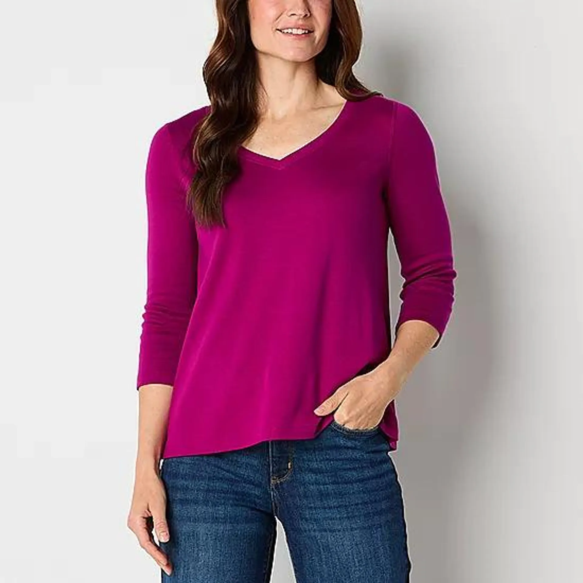 new! St. John's Bay Womens V Neck 3/4 Sleeve Adaptive Easy-on + Easy-off T-Shirt