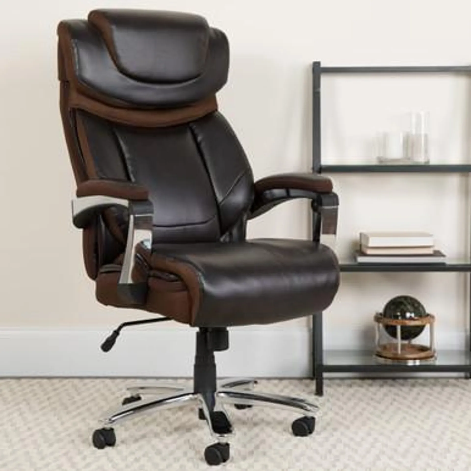 Big & Tall Office Chair | Brown LeatherSoft Executive Swivel Office Chair with Headrest and Wheels - GO2223BNGG