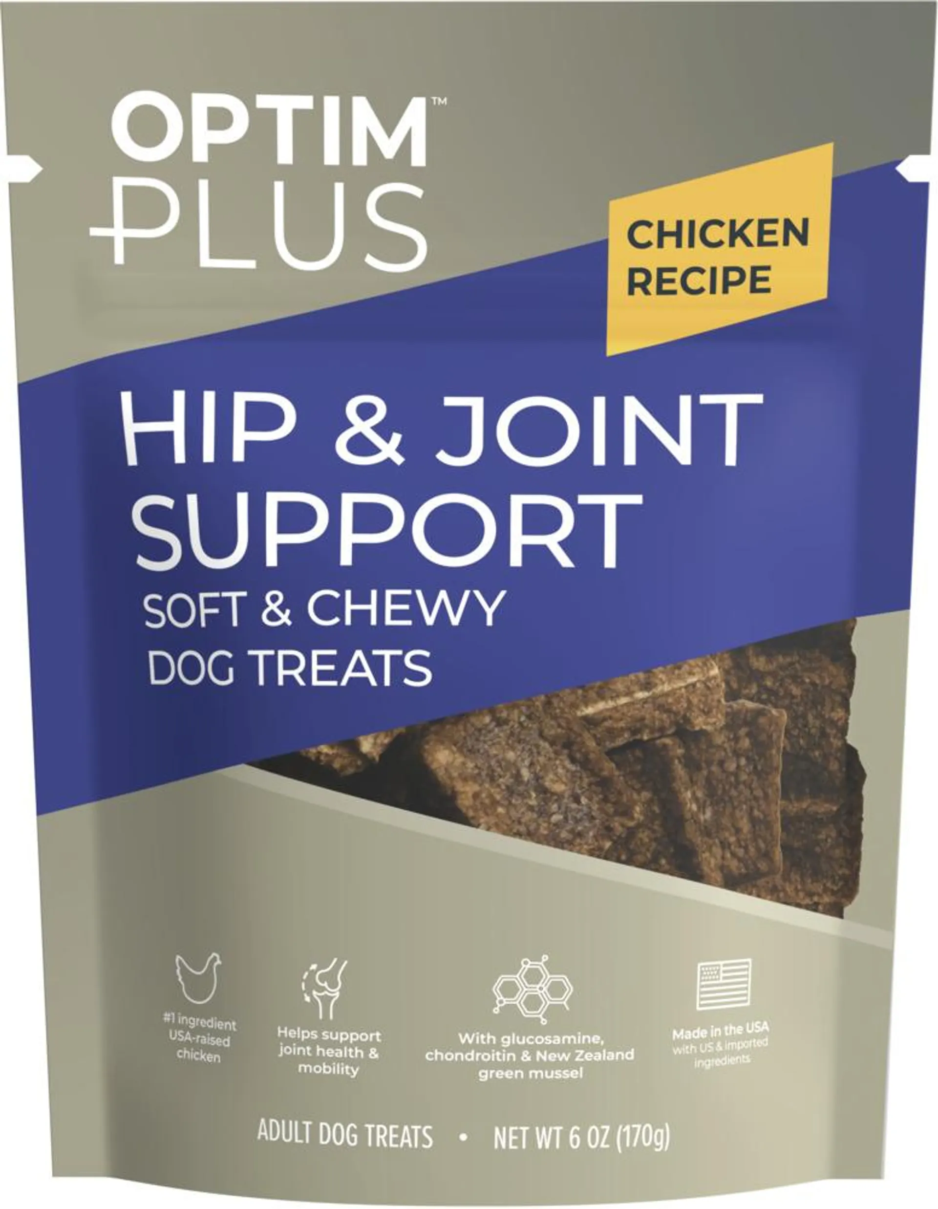 OptimPlus Hip & Joint Support Soft & Chewy Dog Treats, Chicken Recipe, 6 Ounces