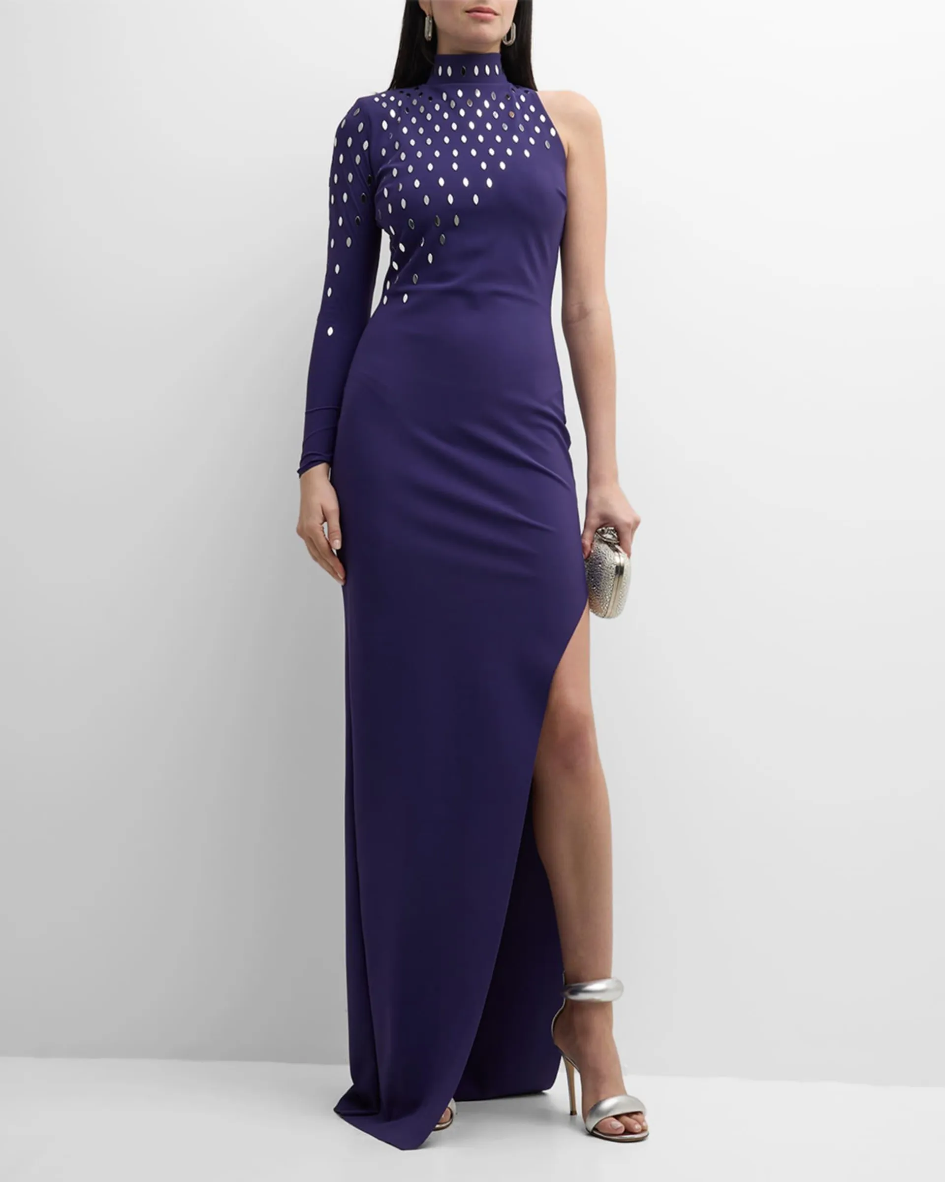 Side-Slit Mock-Neck Embellished Column Gown