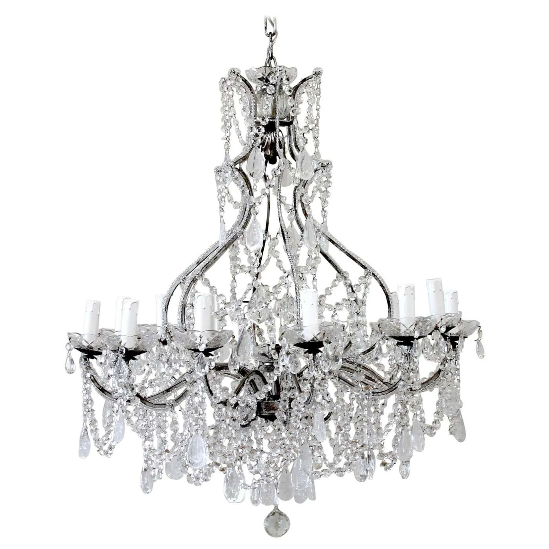 Antique Reproduction Italian Chandelier with Beaded Arms and Rock Style Crystals