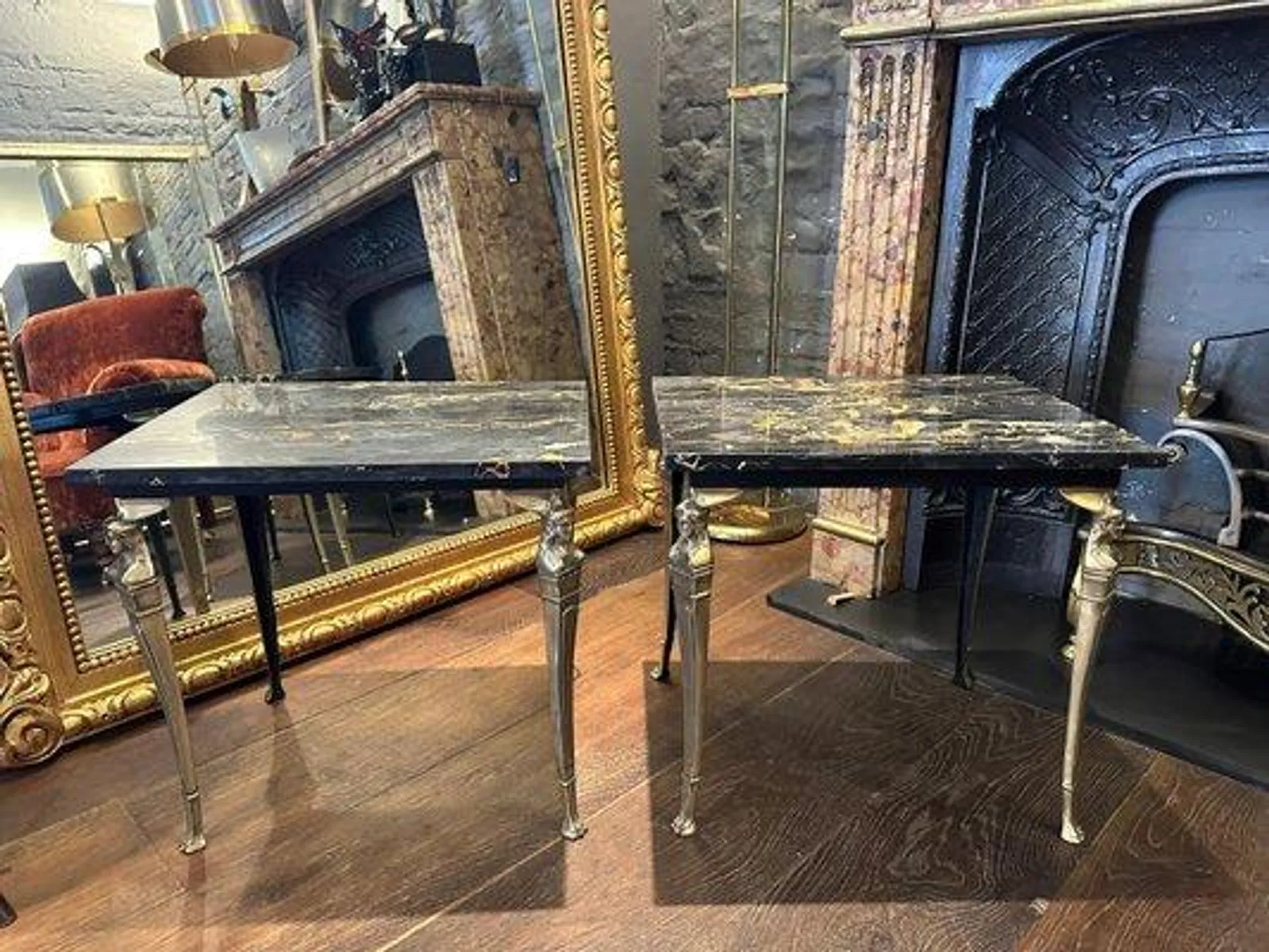 Brass and Portoro Marble French Greek Revival Side Tables, 1950s