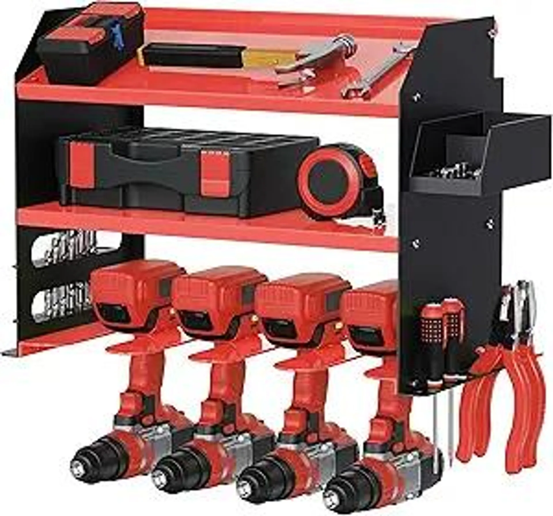 Drill Storage Rack，Power Tool Organizer Drill Holder Wall Mount， Drill Organizer for Garage, Workshop,Drill Bit Storage Shlef, Holds 4 Drills with Screws Box (Red)