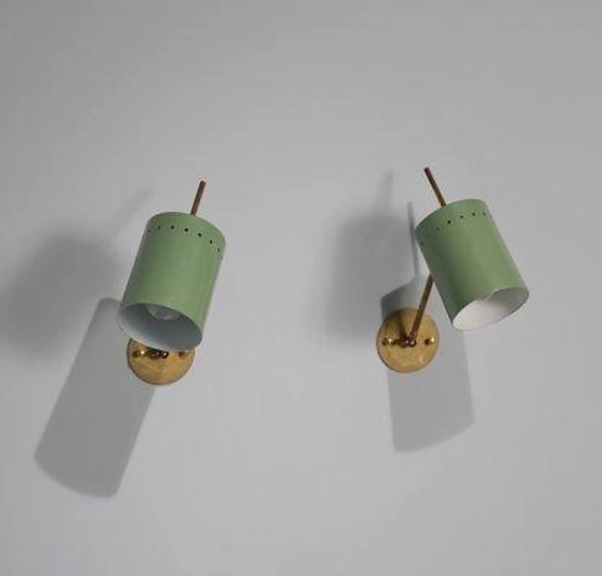 Vintage Italian Brass Wall Lamps with Green Lacquered Metal Shades, 1950s, Set of 2