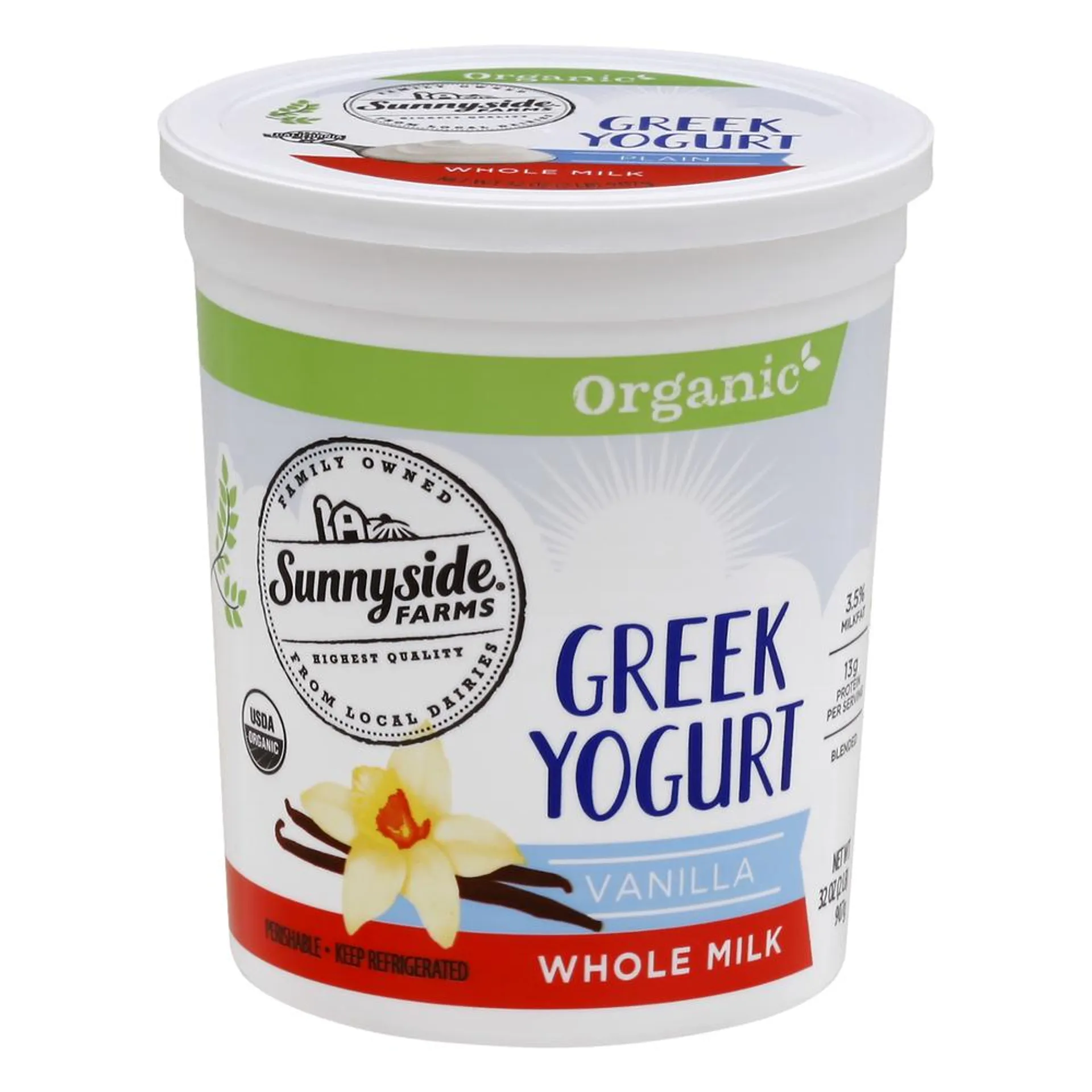 Sunnyside Farms Yogurt, Greek, Organic, Vanilla, Whole Milk