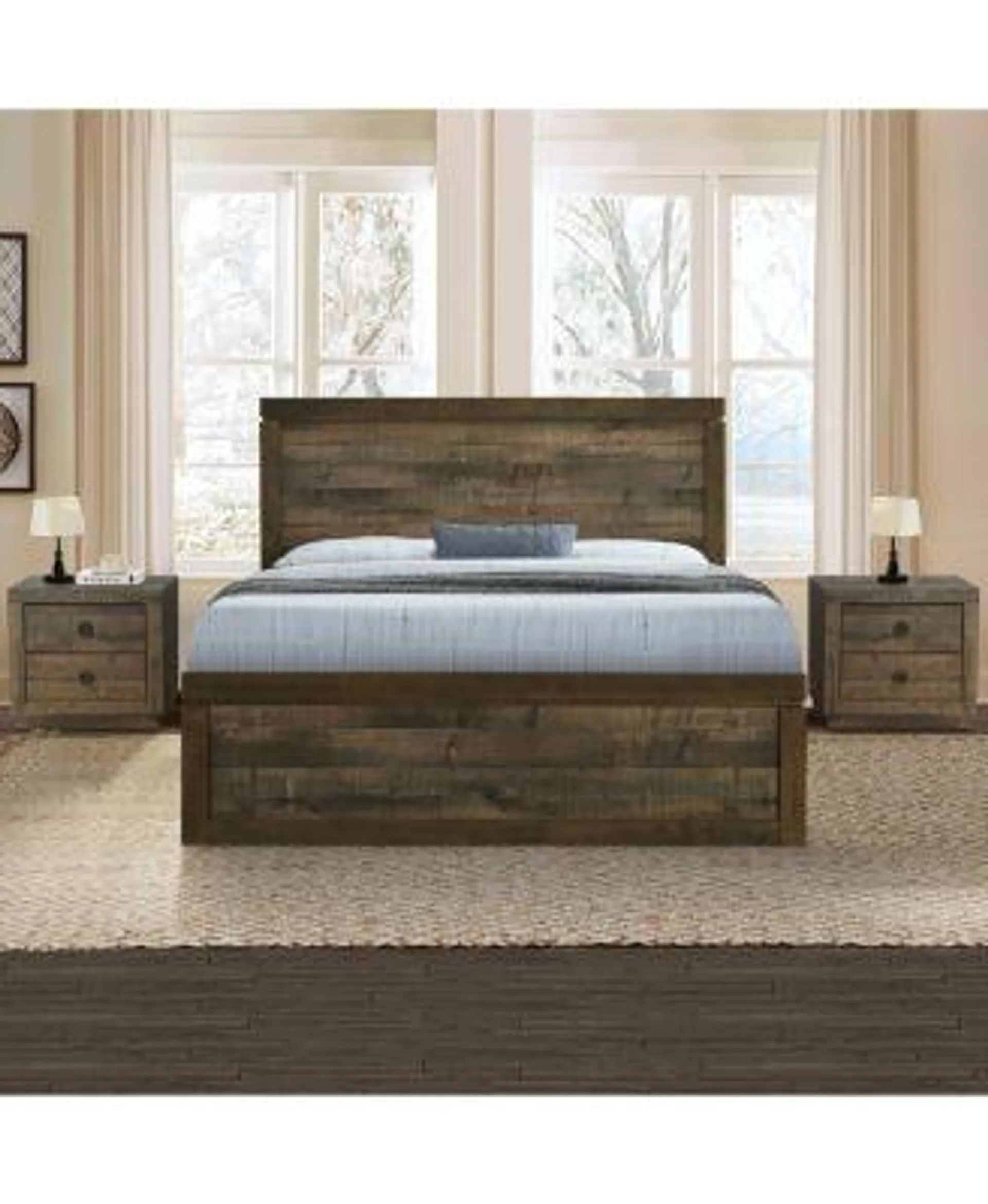 Streamdale Furniture 3 Pieces Vintage Farmhouse Style Queen Size Platform Bed with 10 Wooden Slats Support + 2 Nightstands, No Box Spring Needed, Rustic Brown