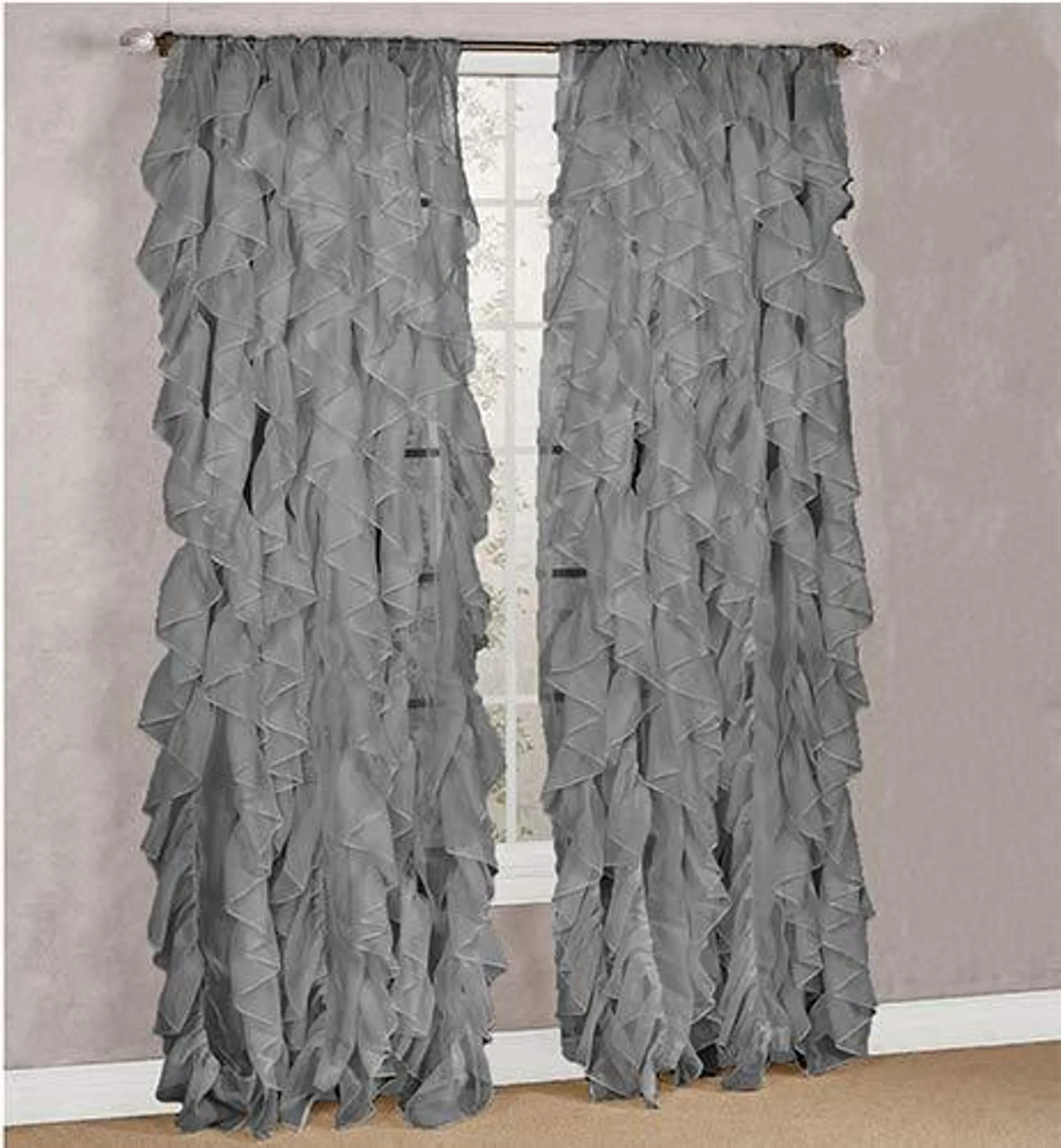 DiamondHome Decorative Sheer Vertical Ruffle Waterfall Window Panel Curtain Drape Or Valance (Gray, 2 Panels 50" X 84")