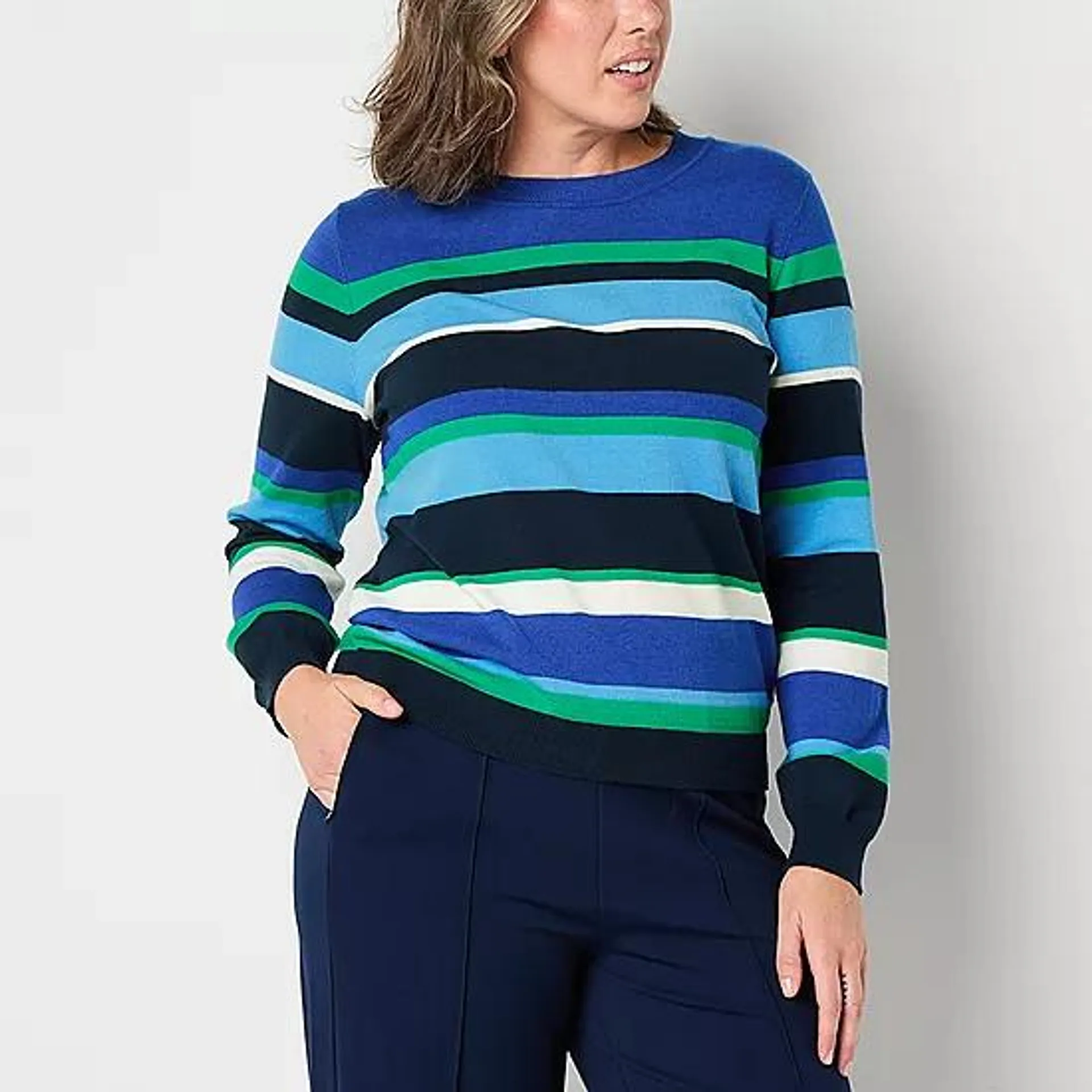 new! Liz Claiborne Womens Crew Neck Long Sleeve Striped Pullover Sweater