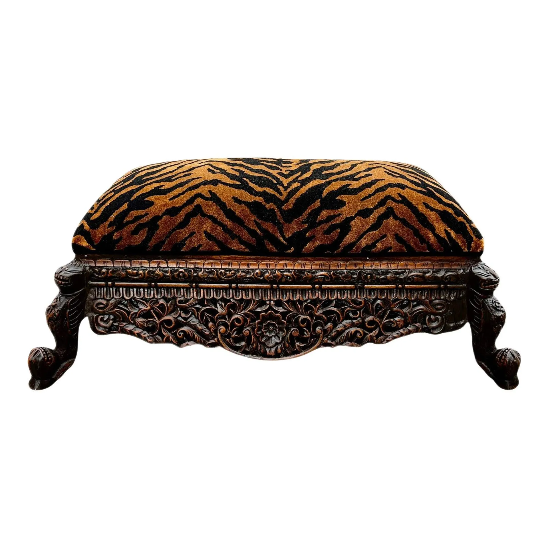 Refinished Late 19th Century Anglo-Indian Heavily Carved Tiger Velvet Ottoman