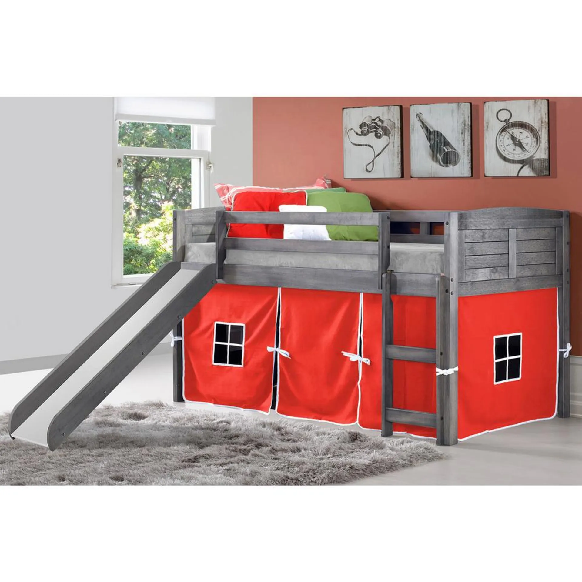Low Loft Bed Antique Grey & Red Tent with Slide