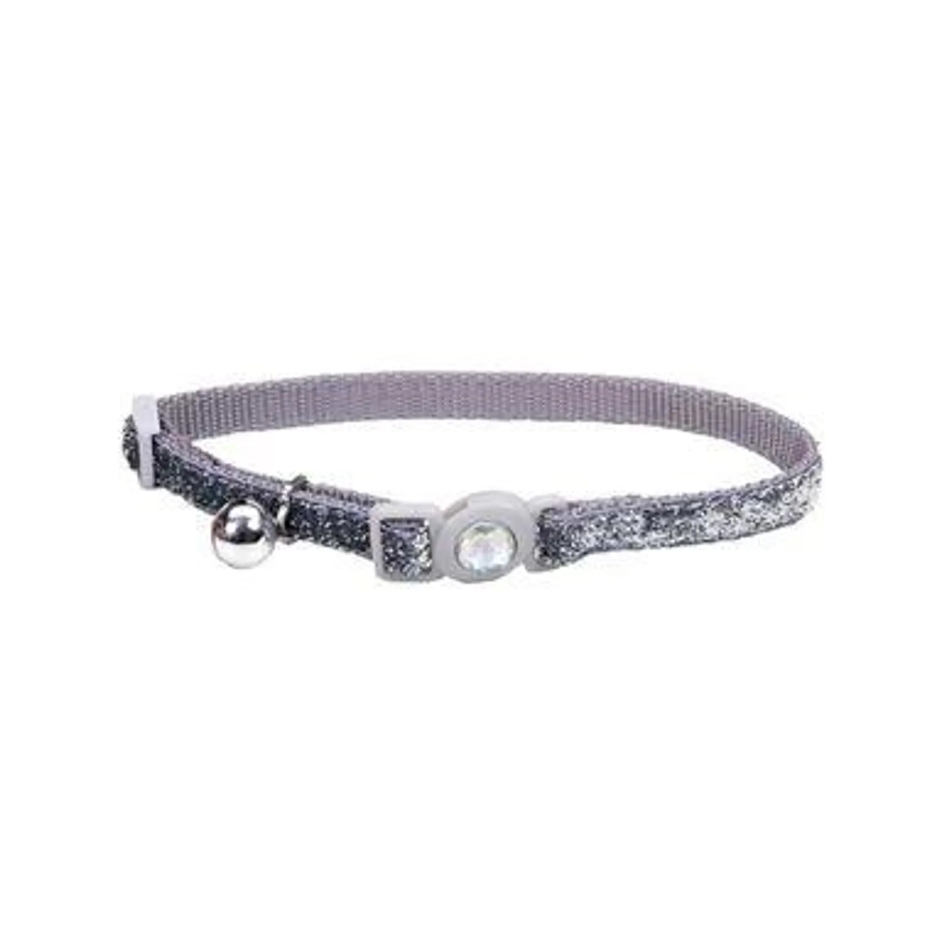 Safe Cat® Jeweled Buckle Adjustable Breakaway Cat Collar with Glitter Overlay, Silver, 3/8" x 08"-12"