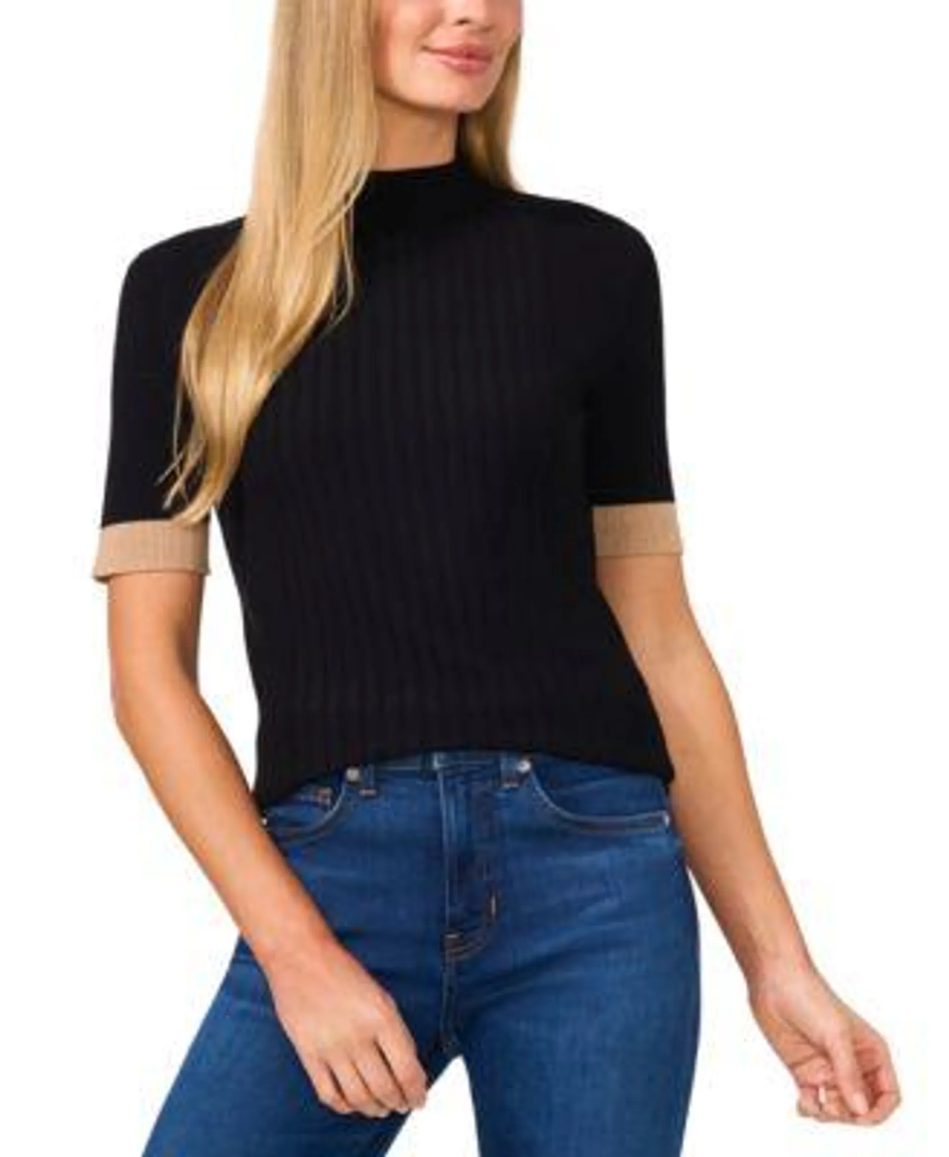 Women's Ribbed Mock-Neck Contrast-Cuff Sweater