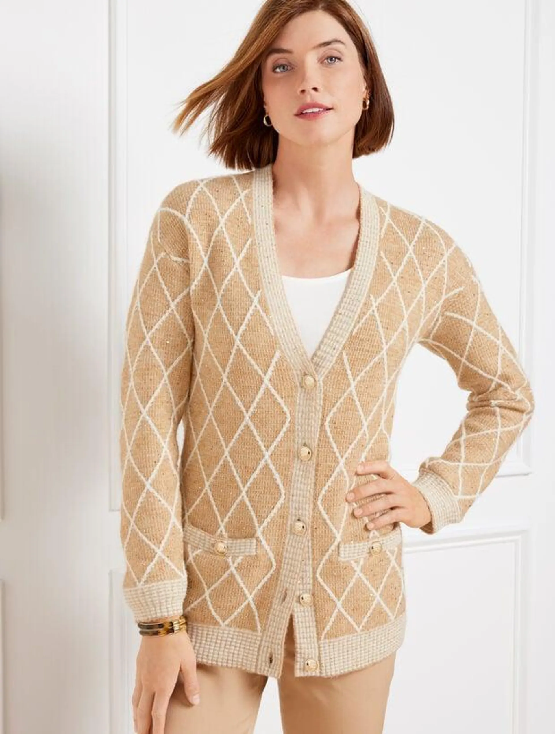 Sequin Argyle V-Neck Cardigan