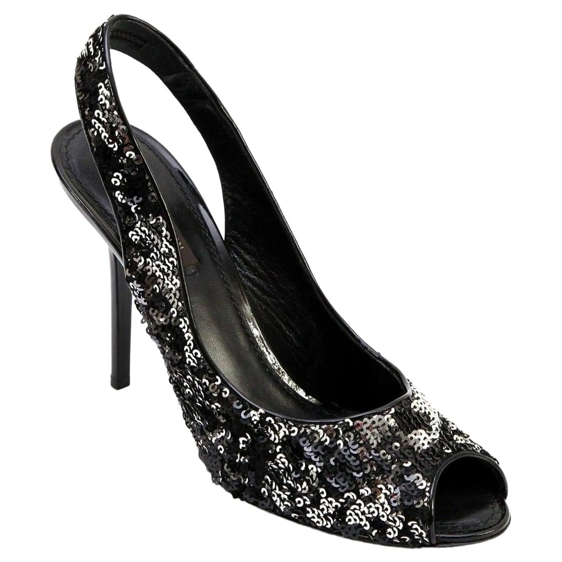 LOUIS VUITTON Sandal Pump Slingback Peep Black Silver Leather Sequin LIZA 37.5